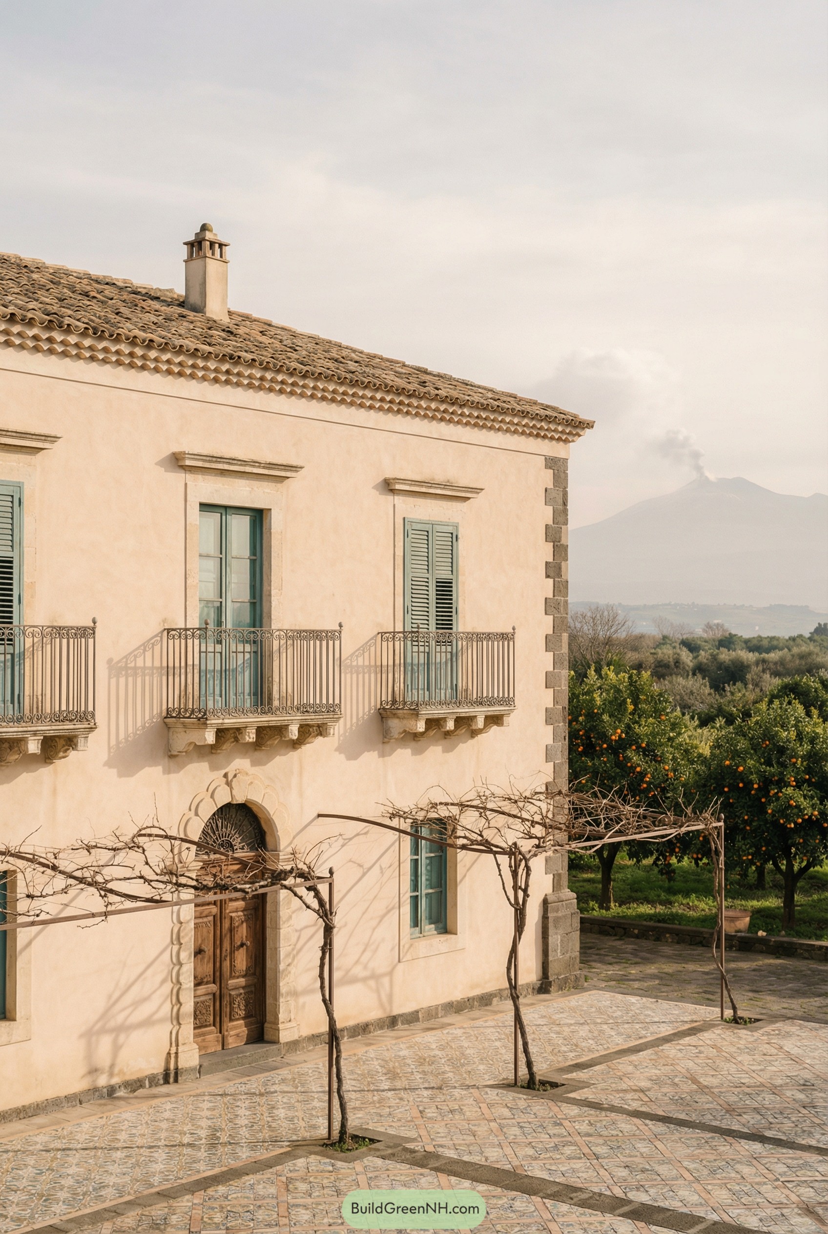 Historic Italian villa with balconies overlooking orchard and distant volcano
