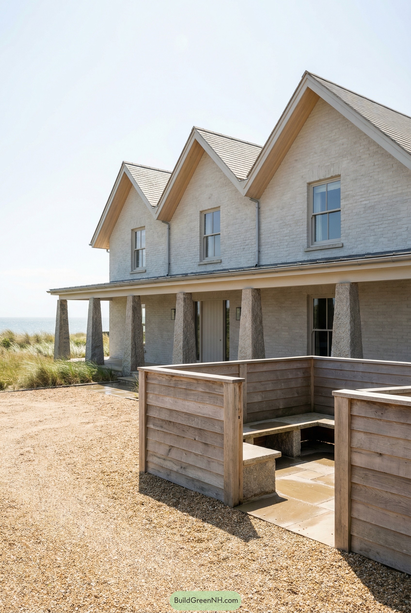 Light brick coastal house with gabled roof and wooden courtyard seating