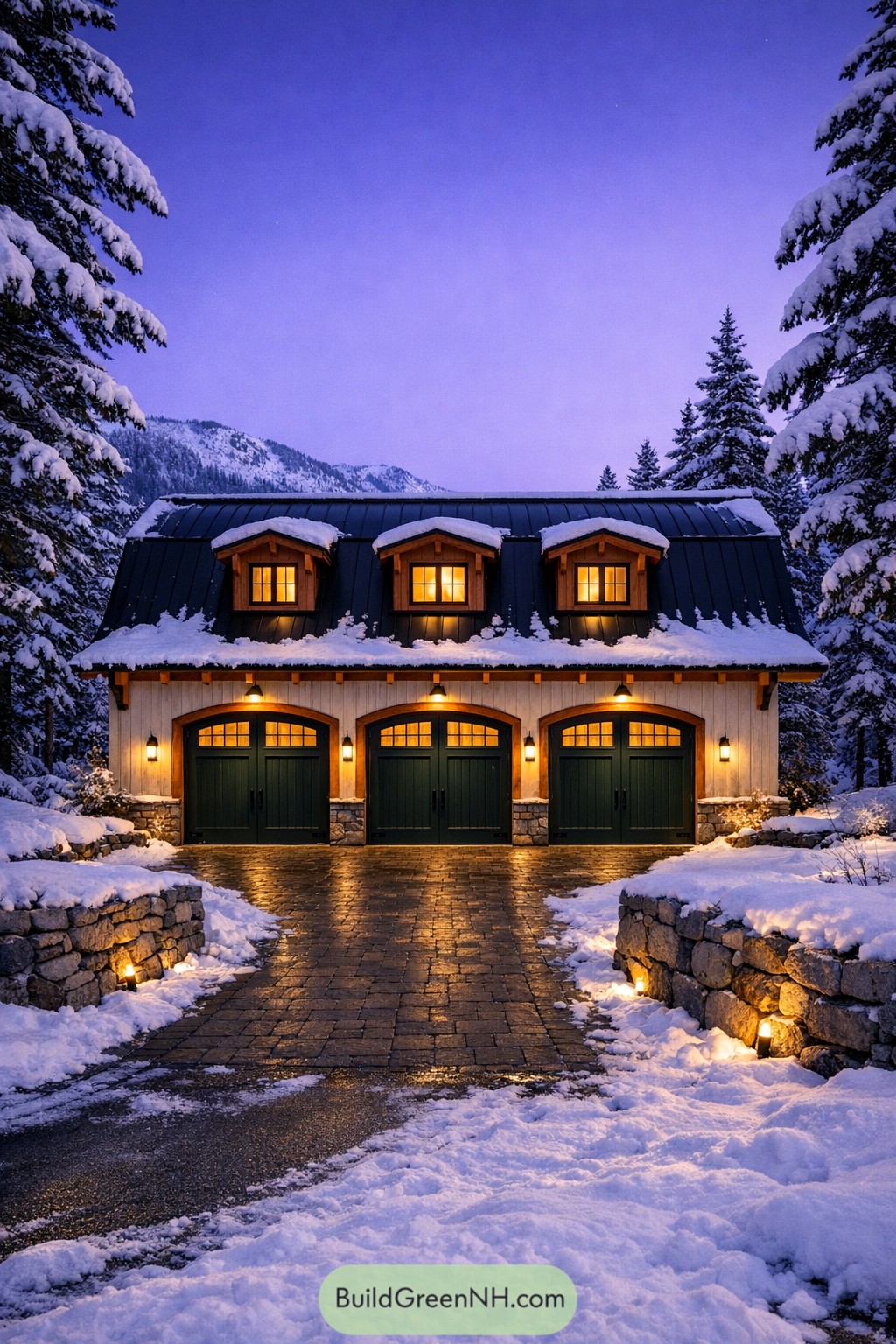 Snowy barn style three bay garage with warm lighting and mountain backdrop