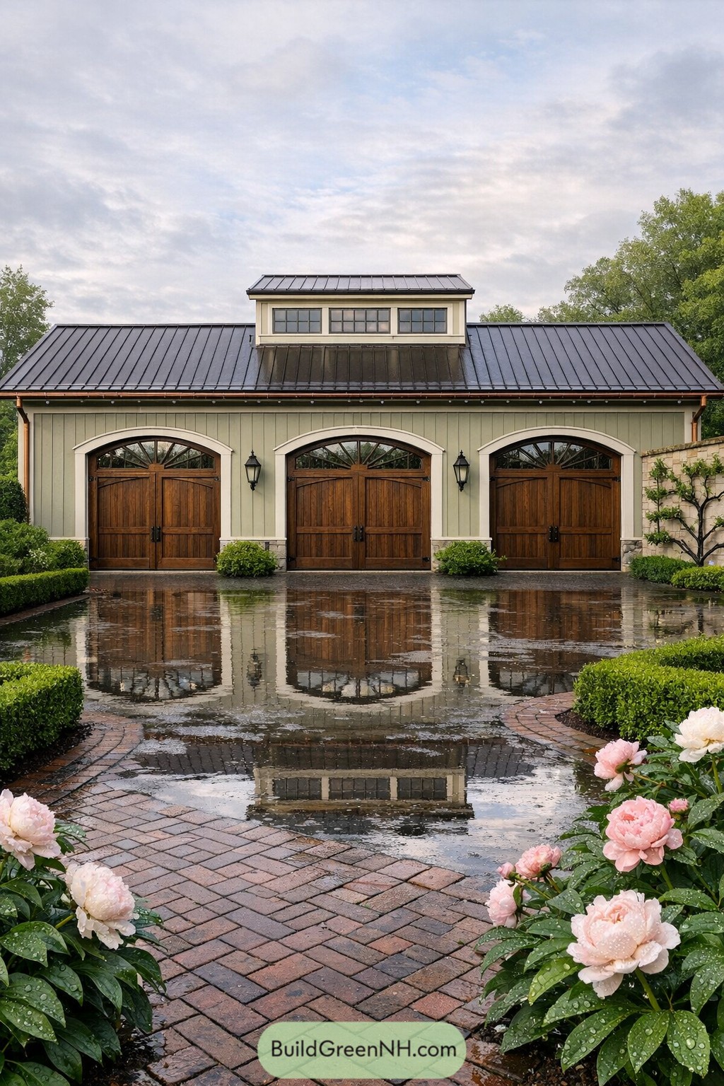 Elegant three bay barn style garage with copper roof and brick courtyard