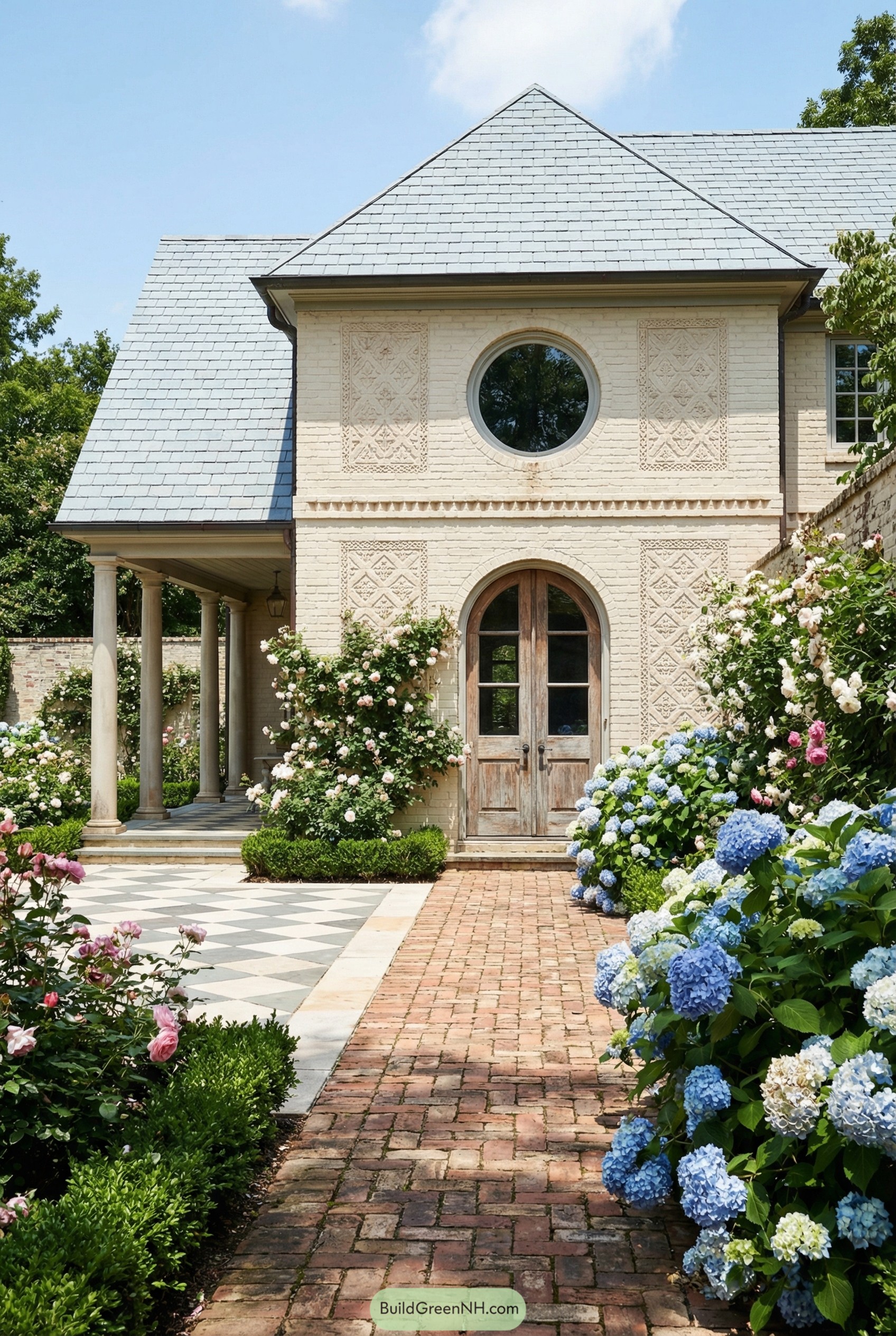 Cream brick country house with patterned brickwork, arched wood door, and lush hydrangea-lined brick path