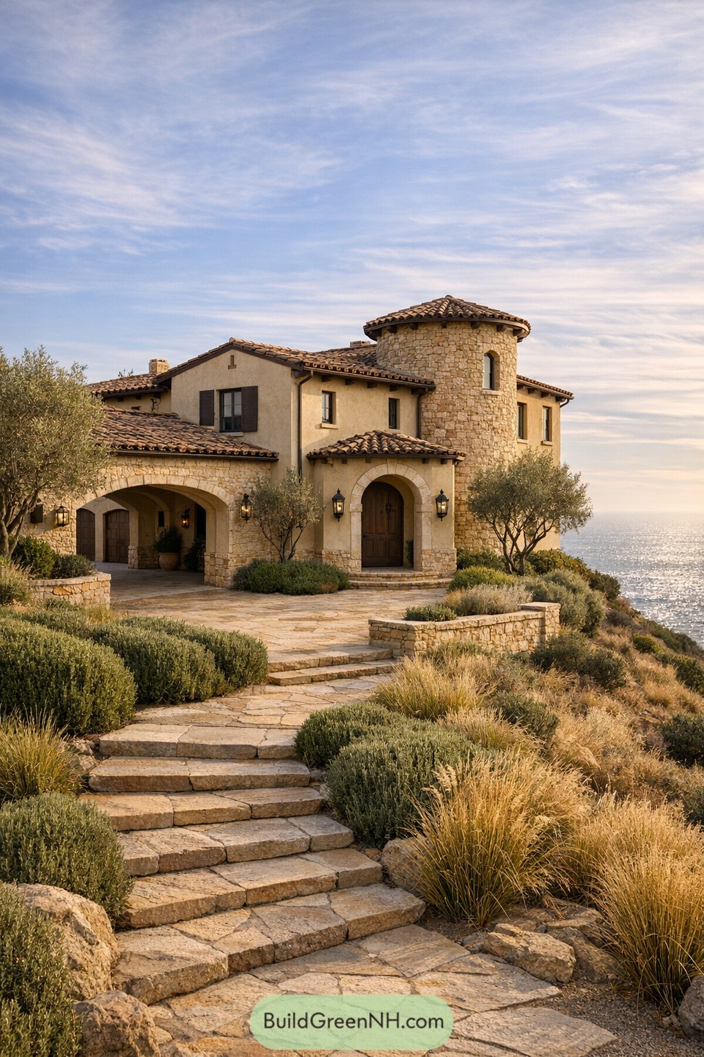 Stone and stucco Tuscan villa on a seaside bluff with terraced steps and rustic landscaping