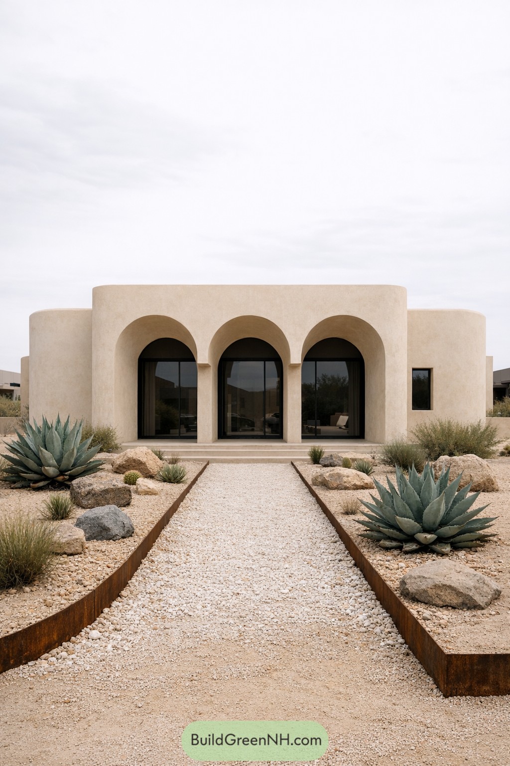 Minimalist beige house with broad arches and desert landscaping