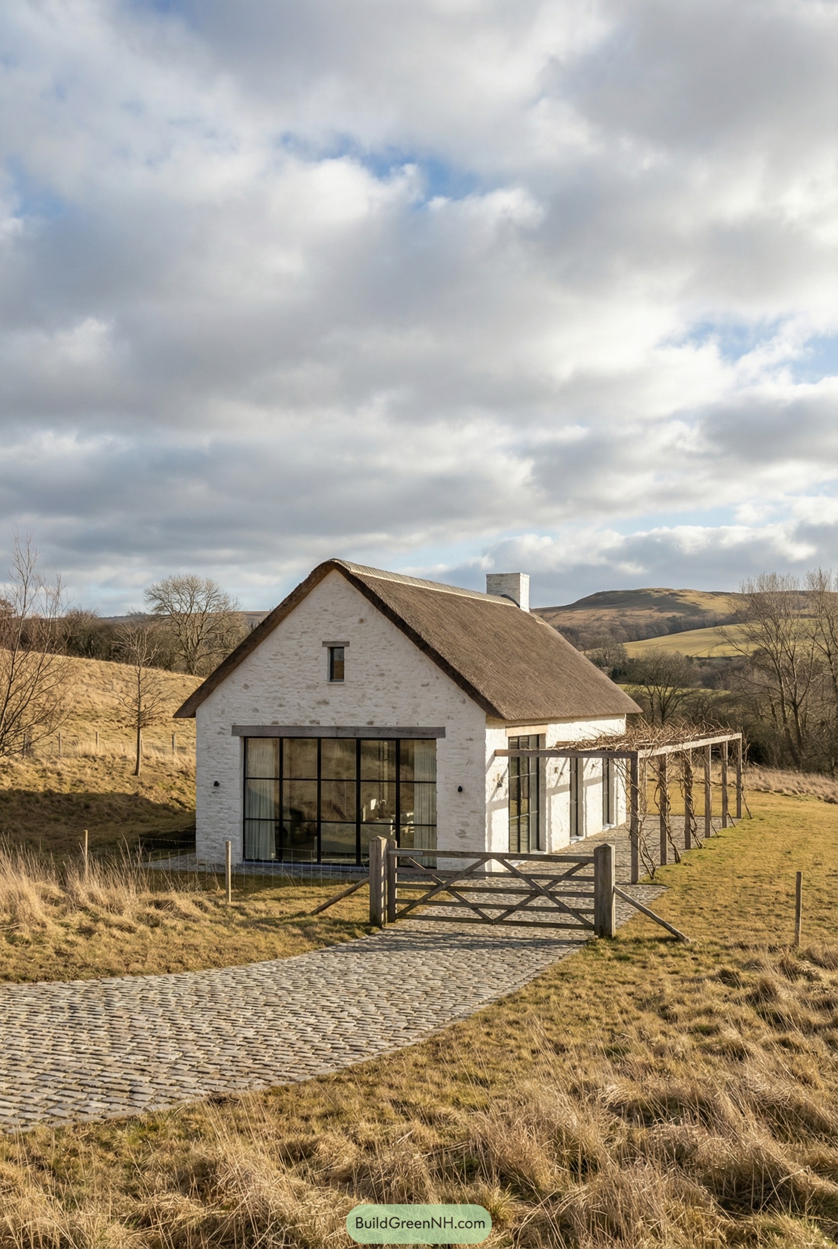 Cozy white cottage with thatched roof, large glass doors, and pergola set in an open rural landscape