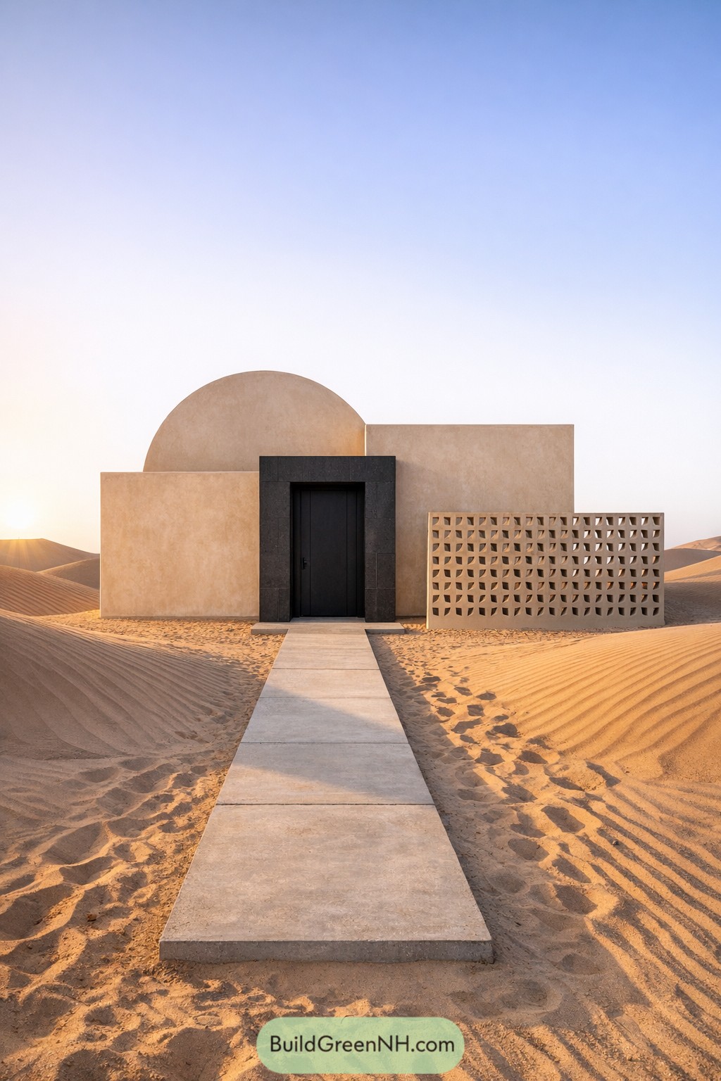 Compact desert house with dome roof and patterned privacy wall