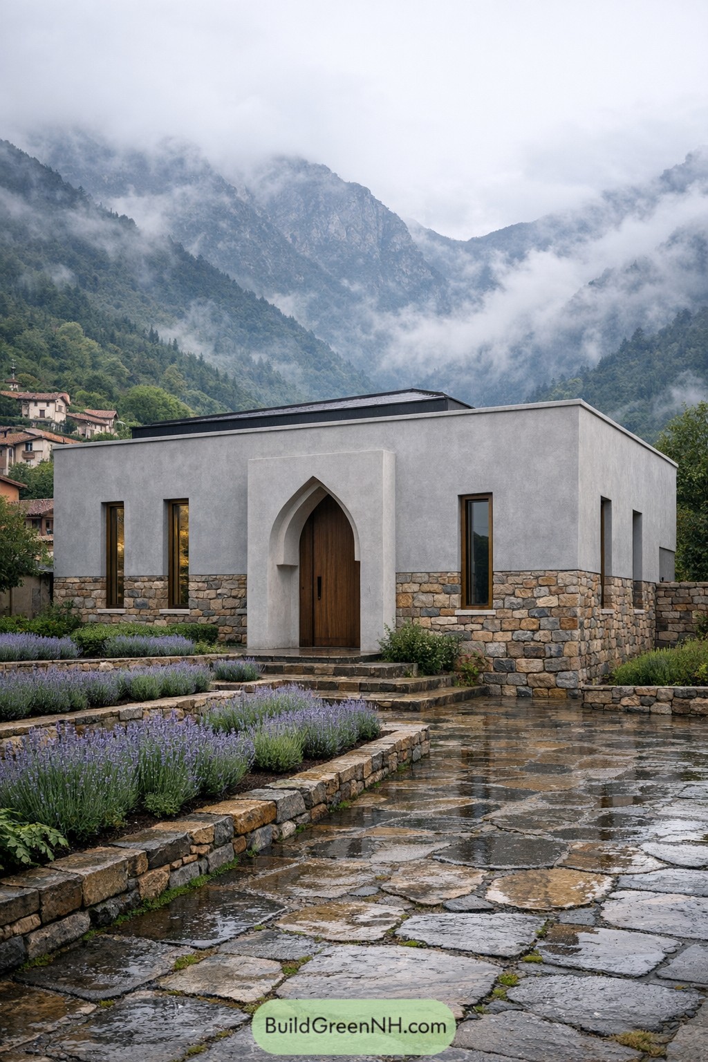 Modern stone and stucco Arabic-inspired house set in misty mountains
