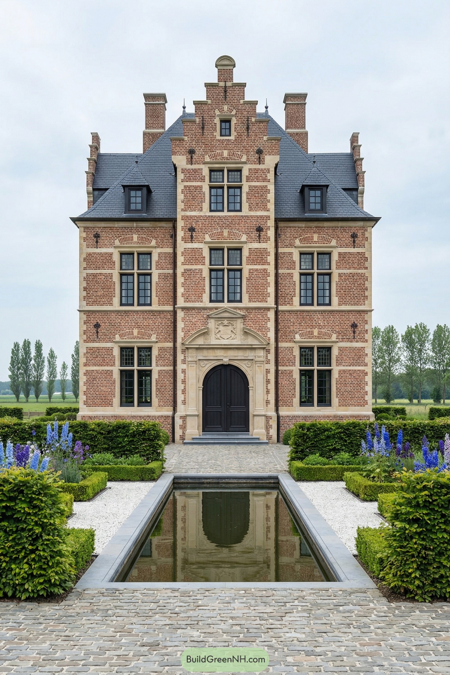 Tall brick manor with stepped gables, dark roof, and a long reflecting pool framed by clipped hedges and flower beds