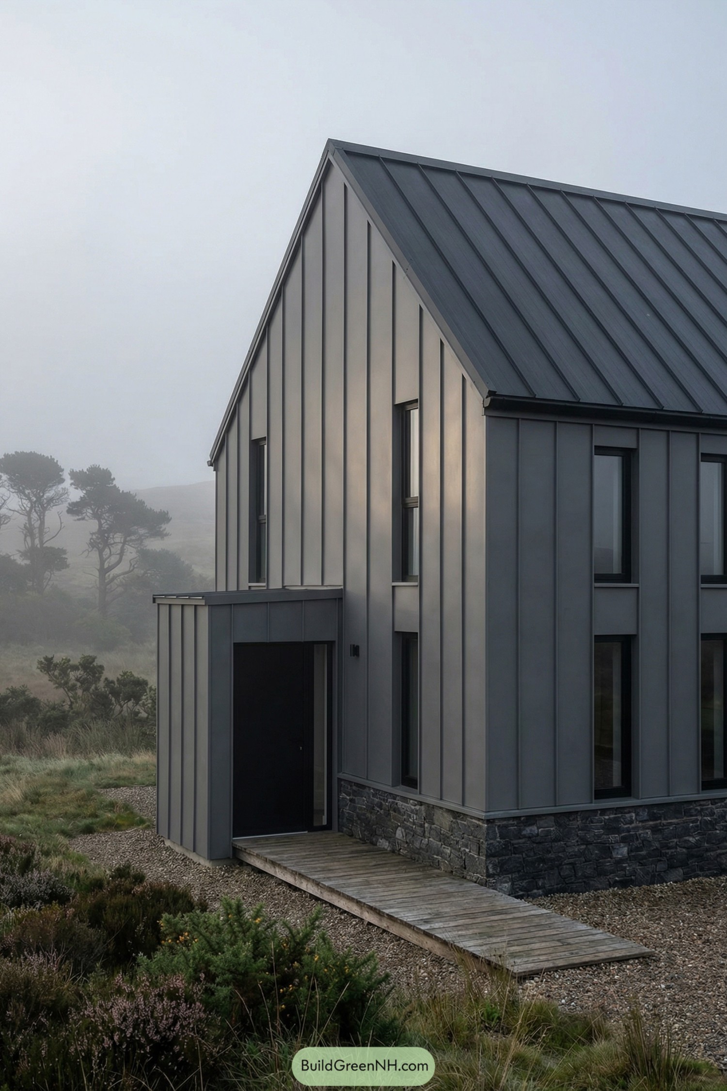 Modern grey barndominium with vertical metal siding and stone base in a foggy rural landscape