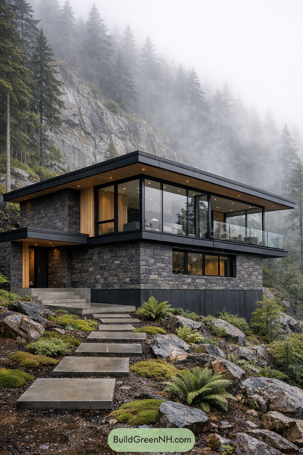 Modern stone and glass house nestled on a misty forested mountainside with a concrete stepping path leading to the entrance