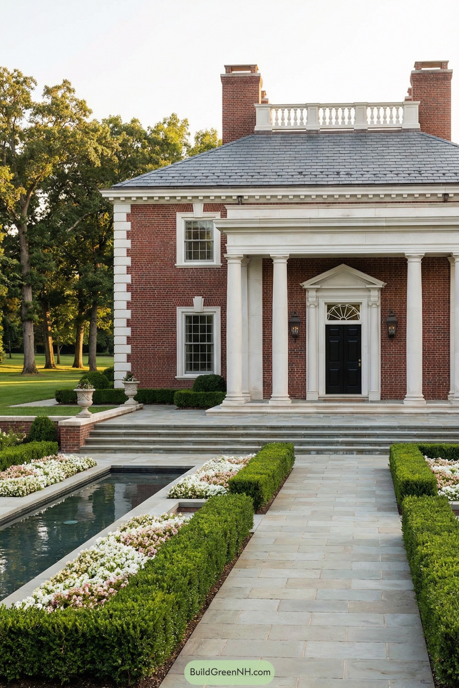 Grand brick mansion with columned entry and formal reflecting pool garden