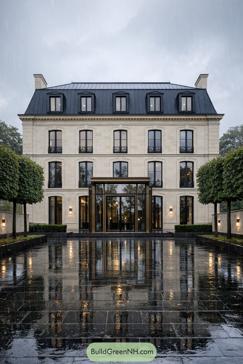 Elegant stone chateau with tall windows reflected on a wet paved forecourt