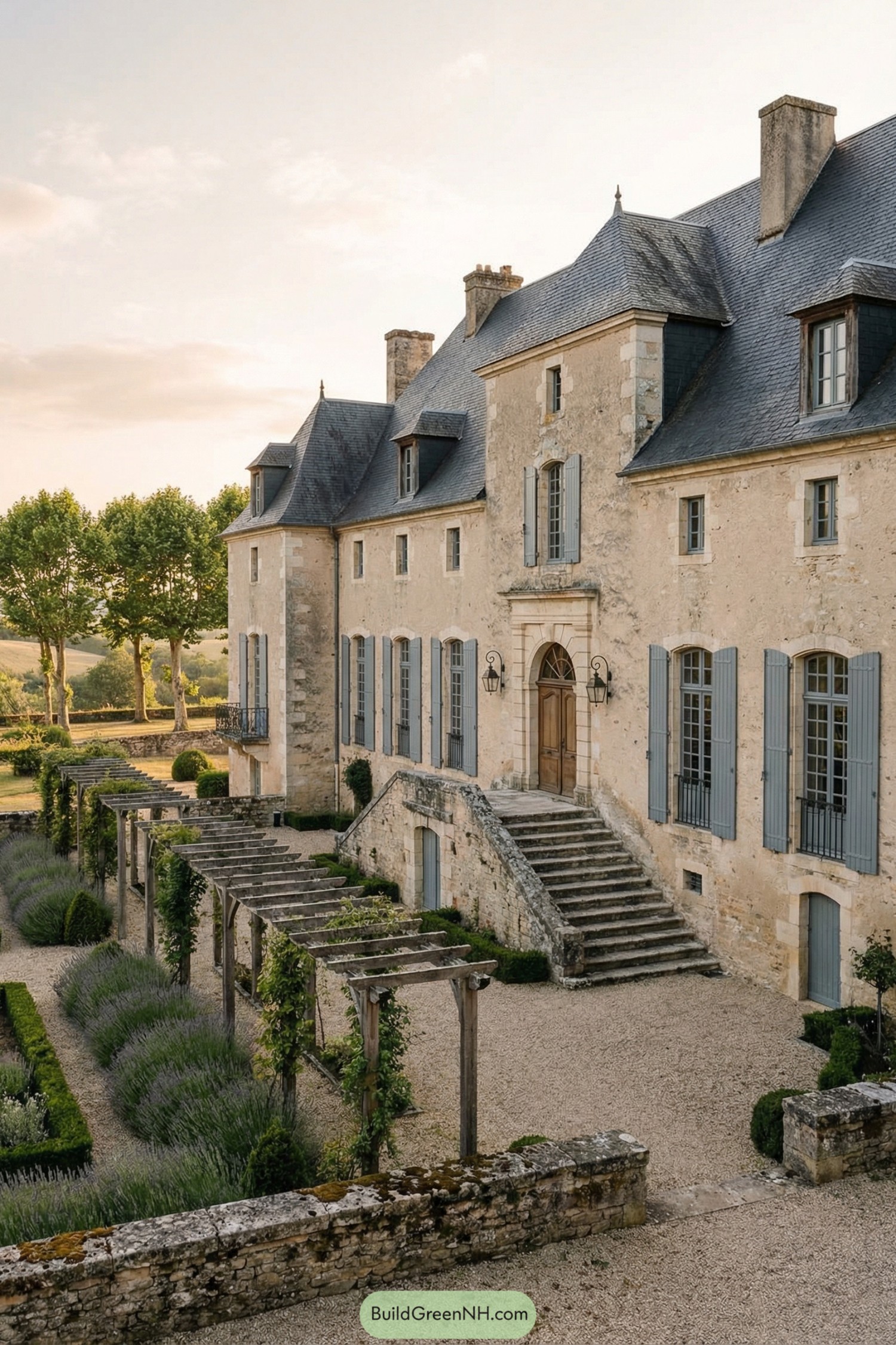 Stone manor with blue shutters, grand stair, and lavender-lined garden terrace