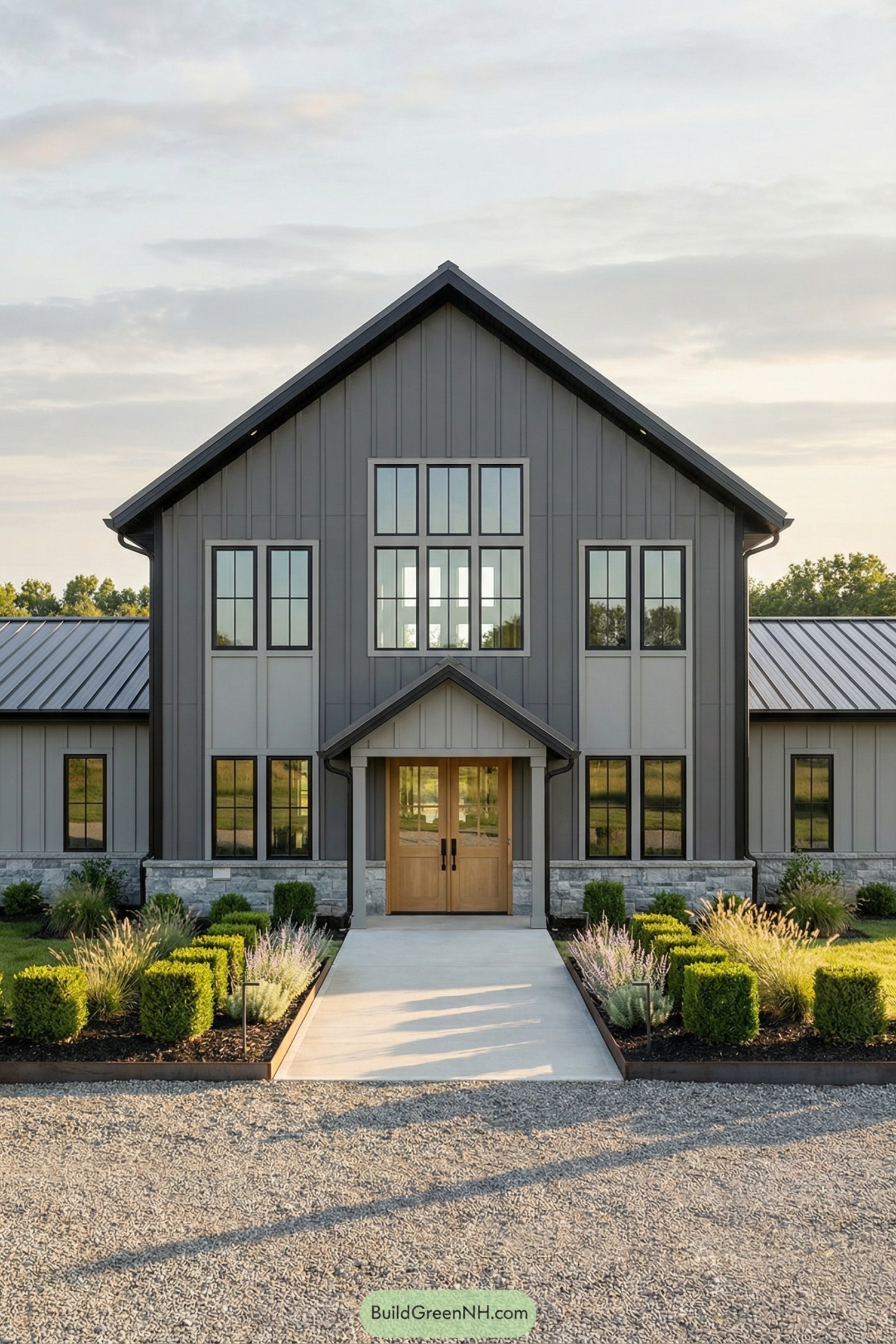Grey barndominium with tall windows and wood doors