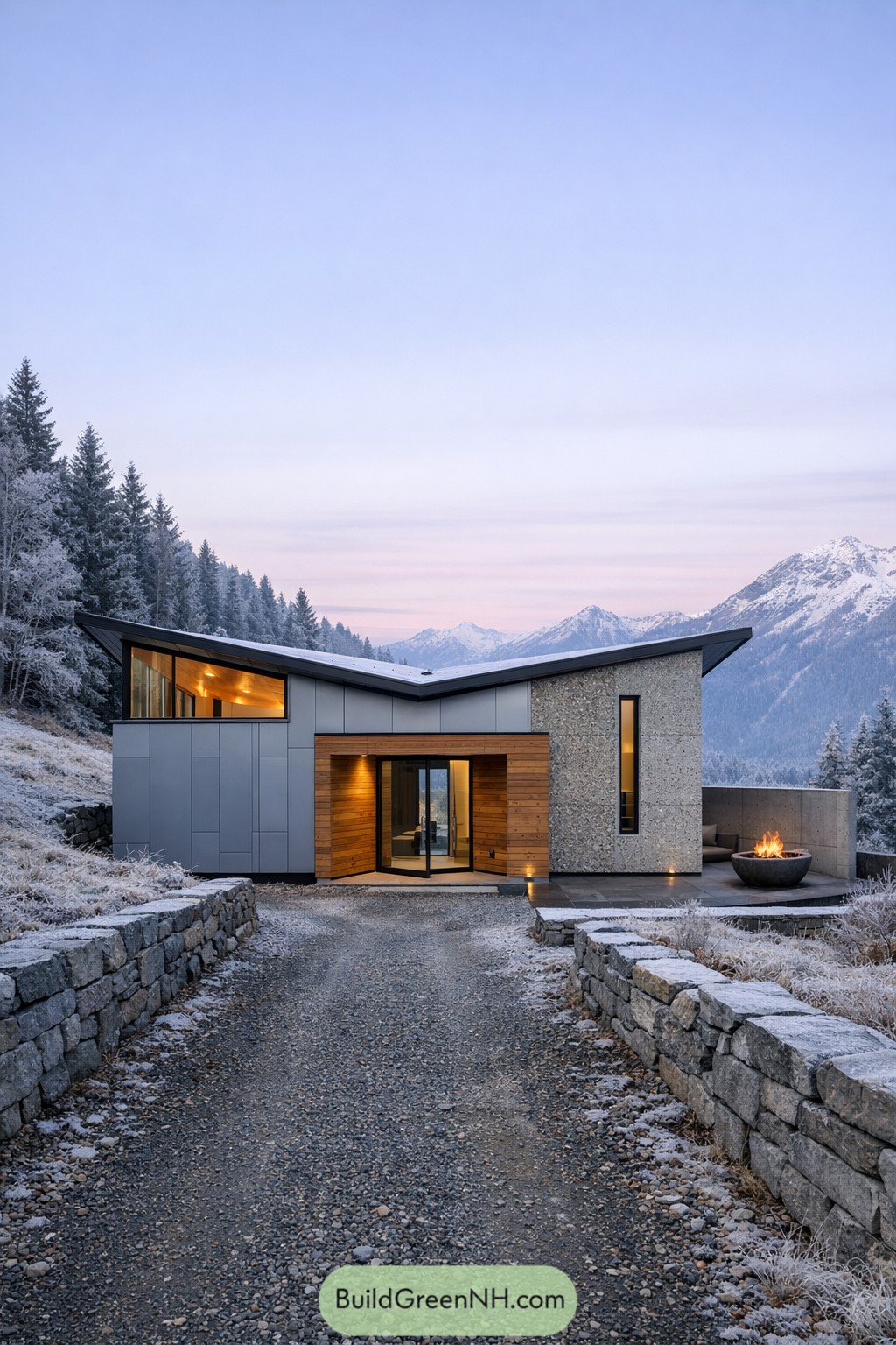 Modern mountain house with angled roof, wood and stone facade, and outdoor fire pit on a frosty slope