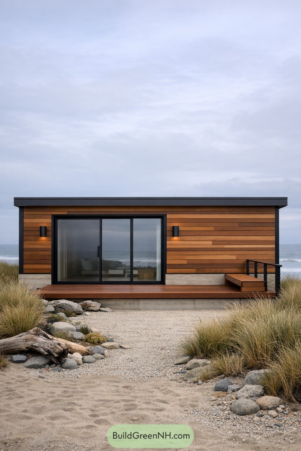 Modern cedar tiny house facing the ocean