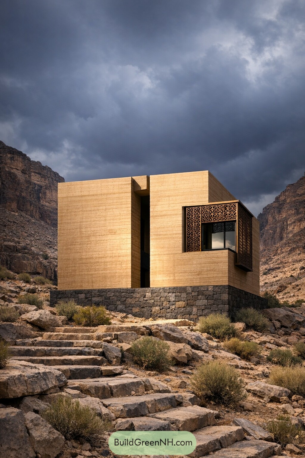 Compact desert house of rammed earth and stone plinth with carved Arabic screen window in rocky canyon