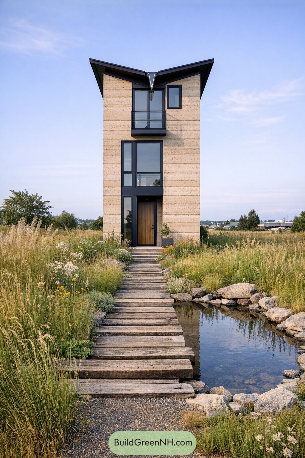 Tall narrow house with butterfly roof, rammed earth walls, and a boardwalk over a small pond