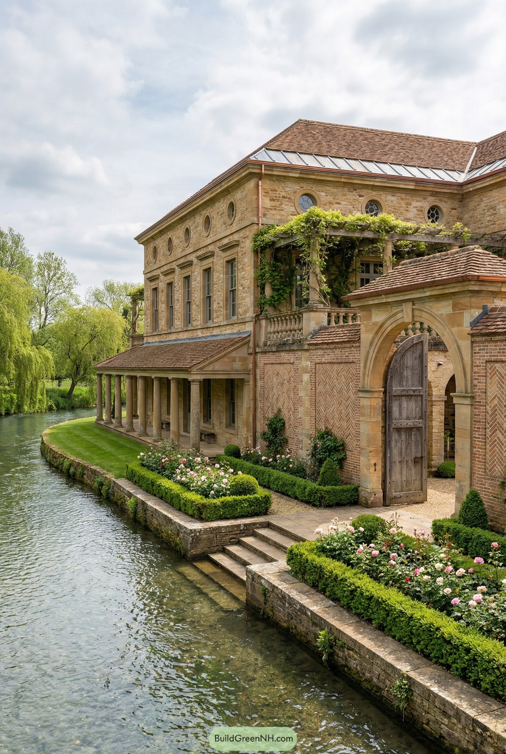 Elegant stone villa with riverside colonnade and formal gardens