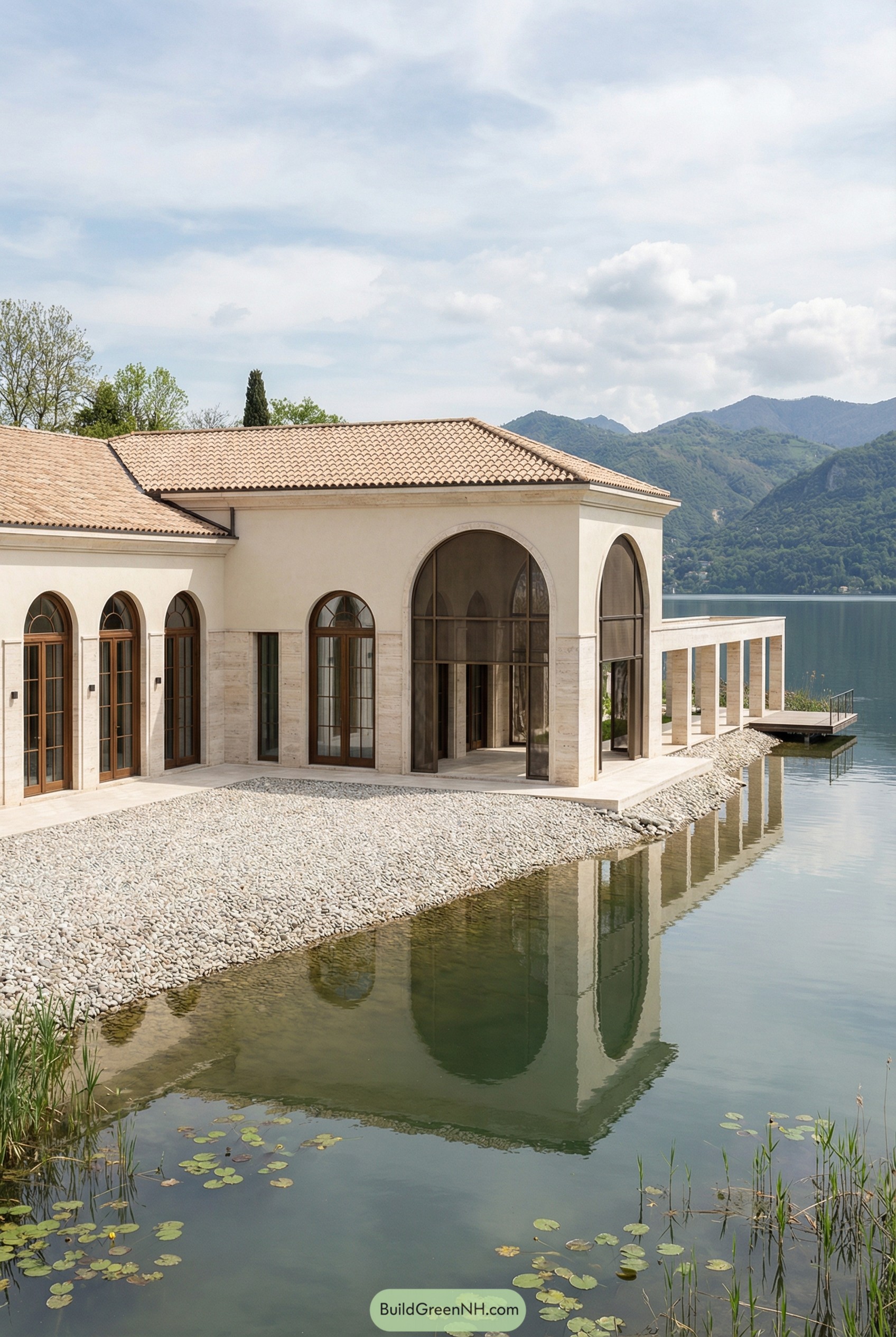 Roman-style villa beside a calm lake with tall arched windows and tiled roofs