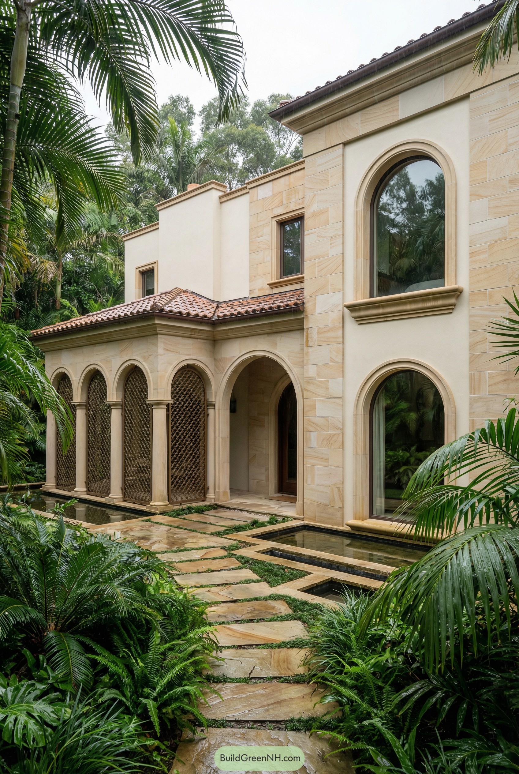 Tropical Roman villa with arched colonnade and stone walkway over reflecting pools