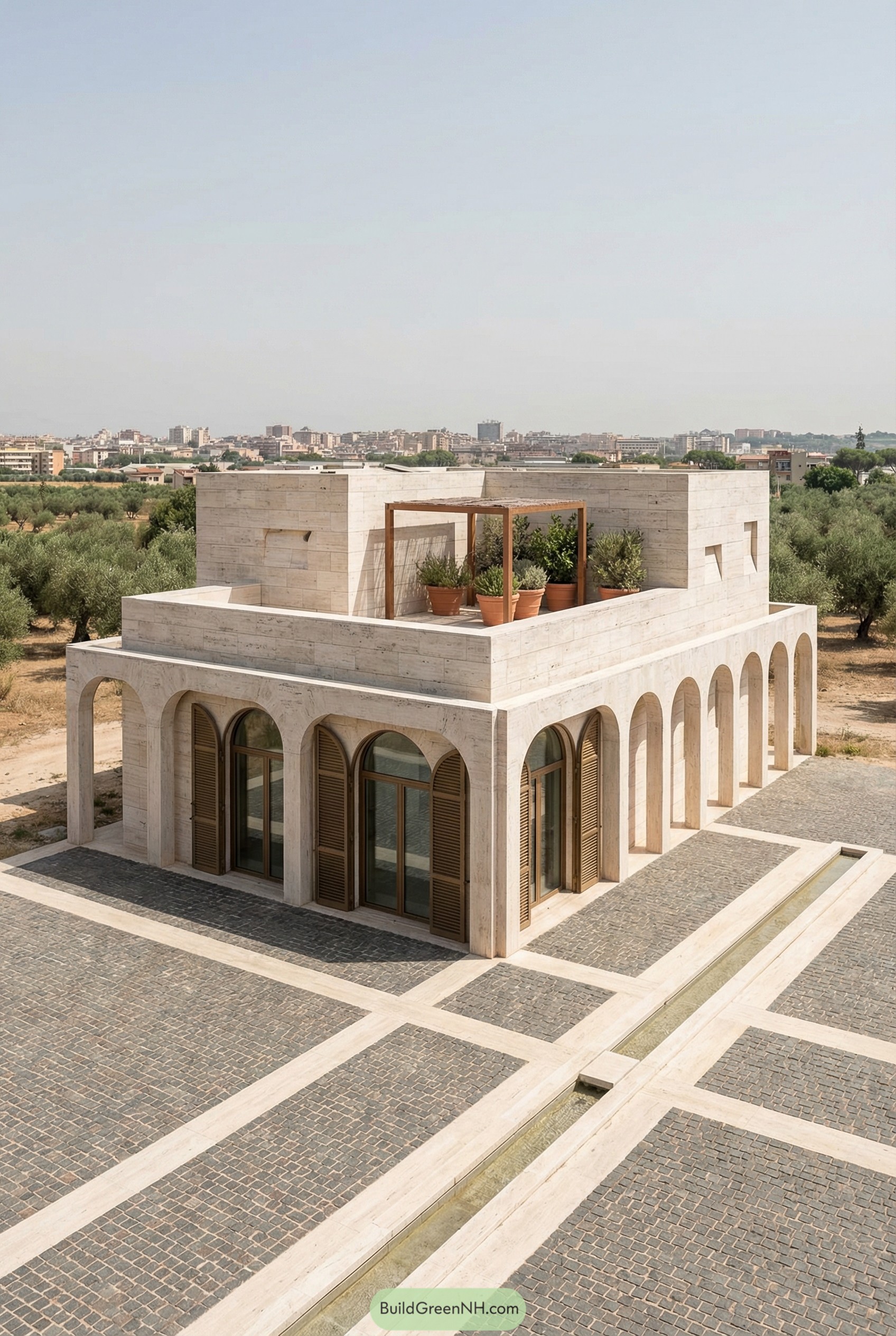 Two story travertine villa with arches