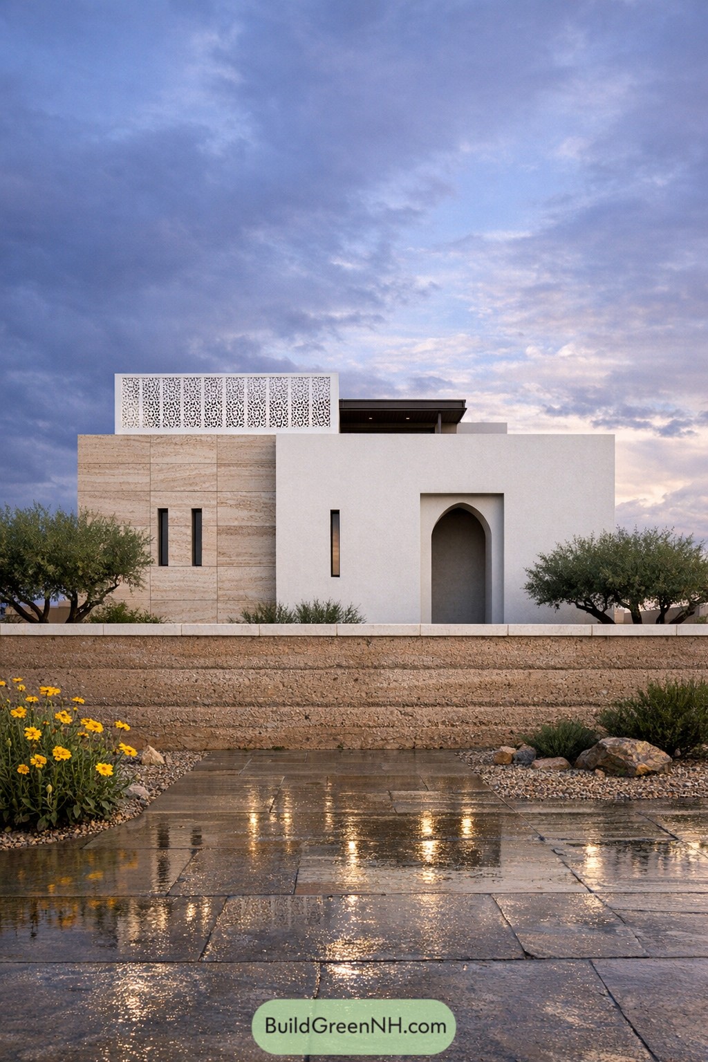 Modern flat roof Arabic style home with arched entry and patterned screen