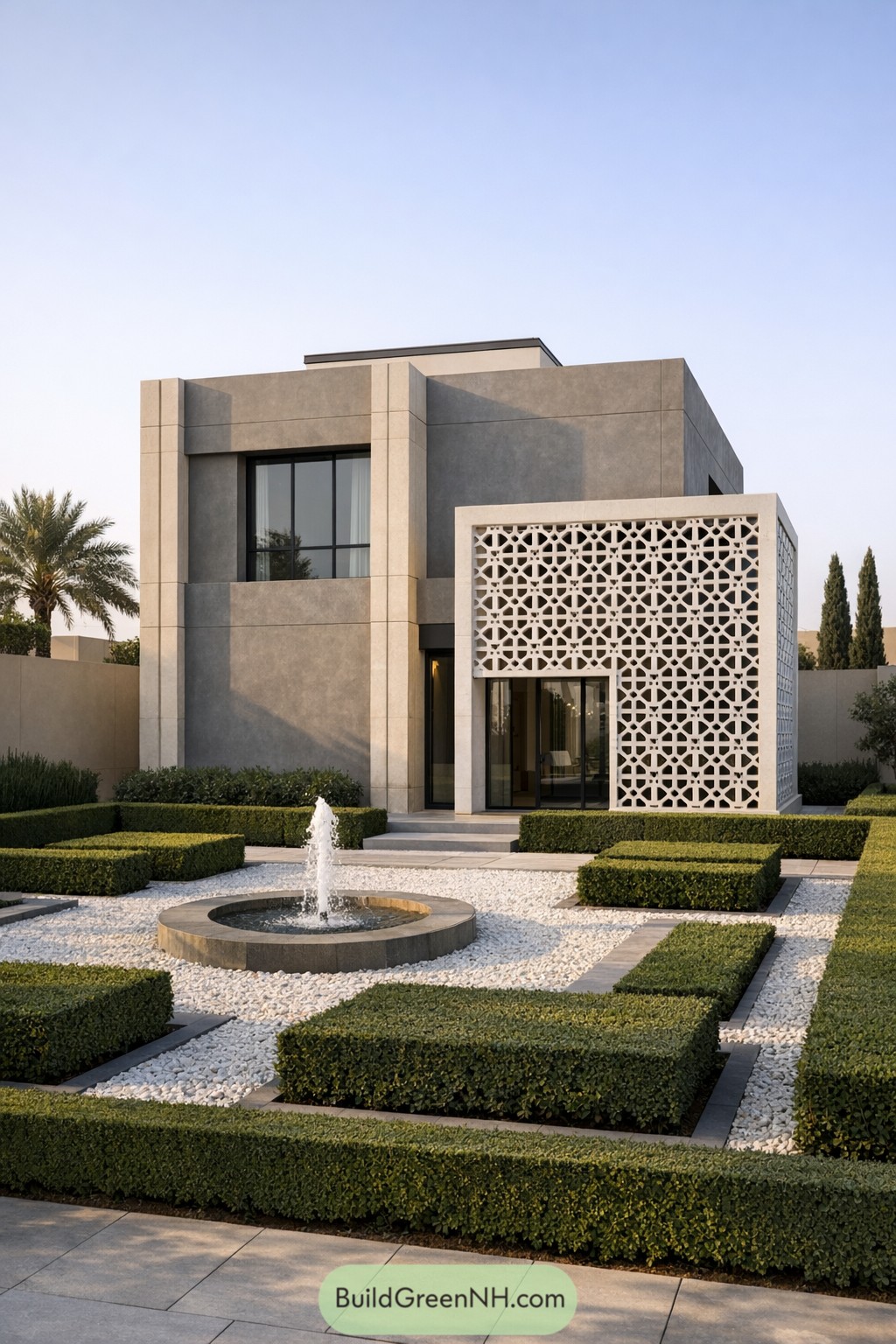Modern cubic house with geometric lattice façade and formal courtyard garden with central fountain