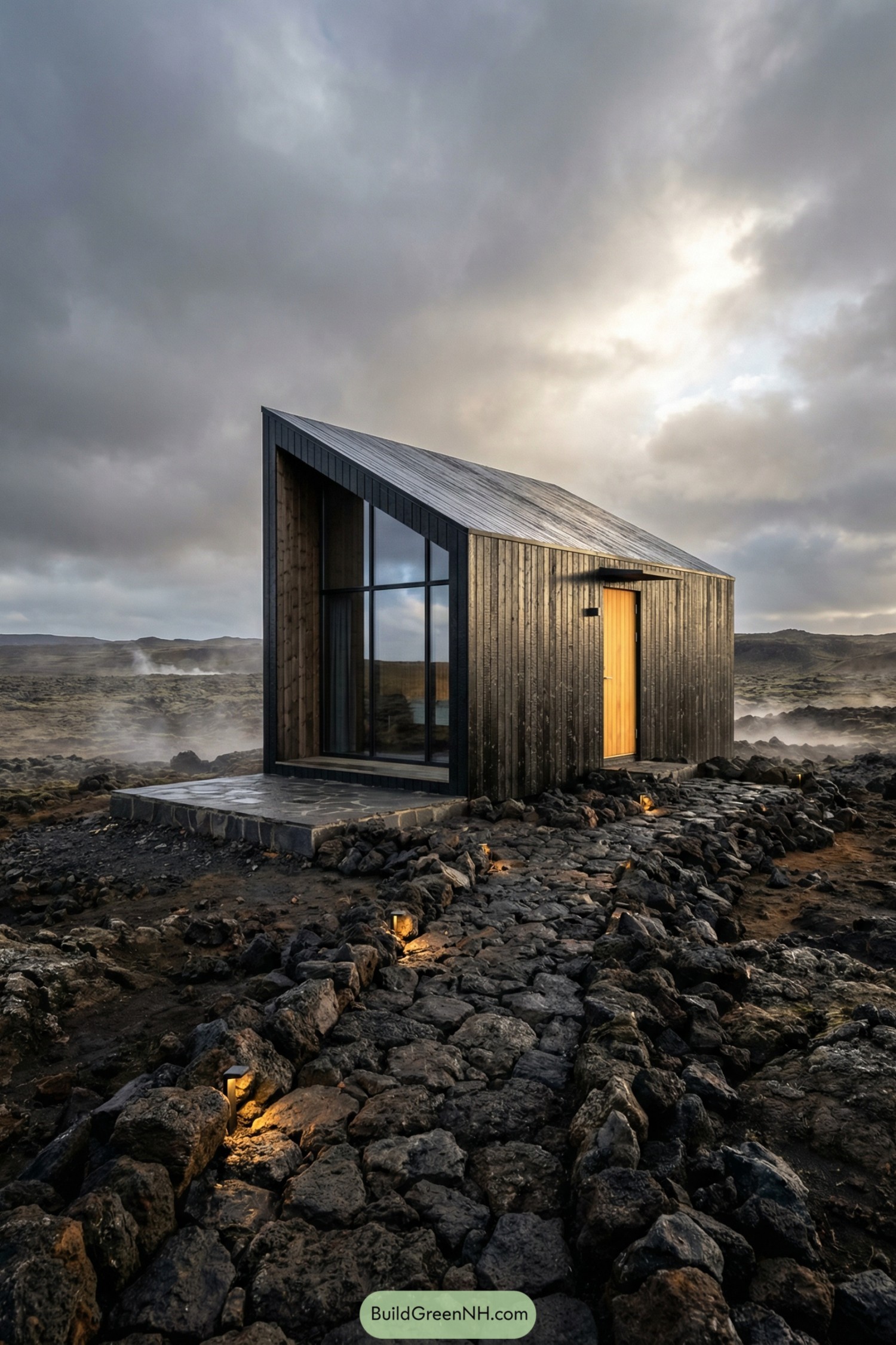 Small black timber cabin with sharp sloped roof and full-height glazing, set on a rocky volcanic landscape under moody clouds