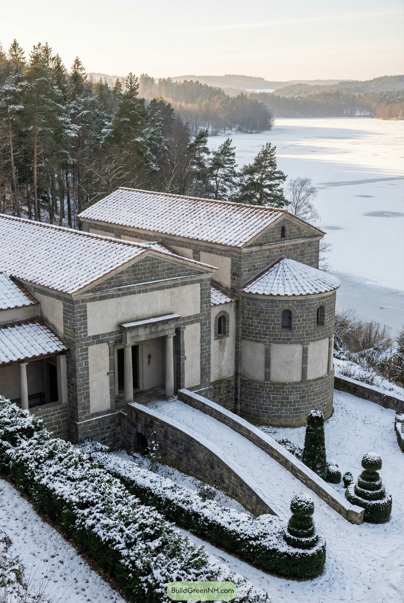 Stone clad Roman style villa beside a frozen lakeshore in winter