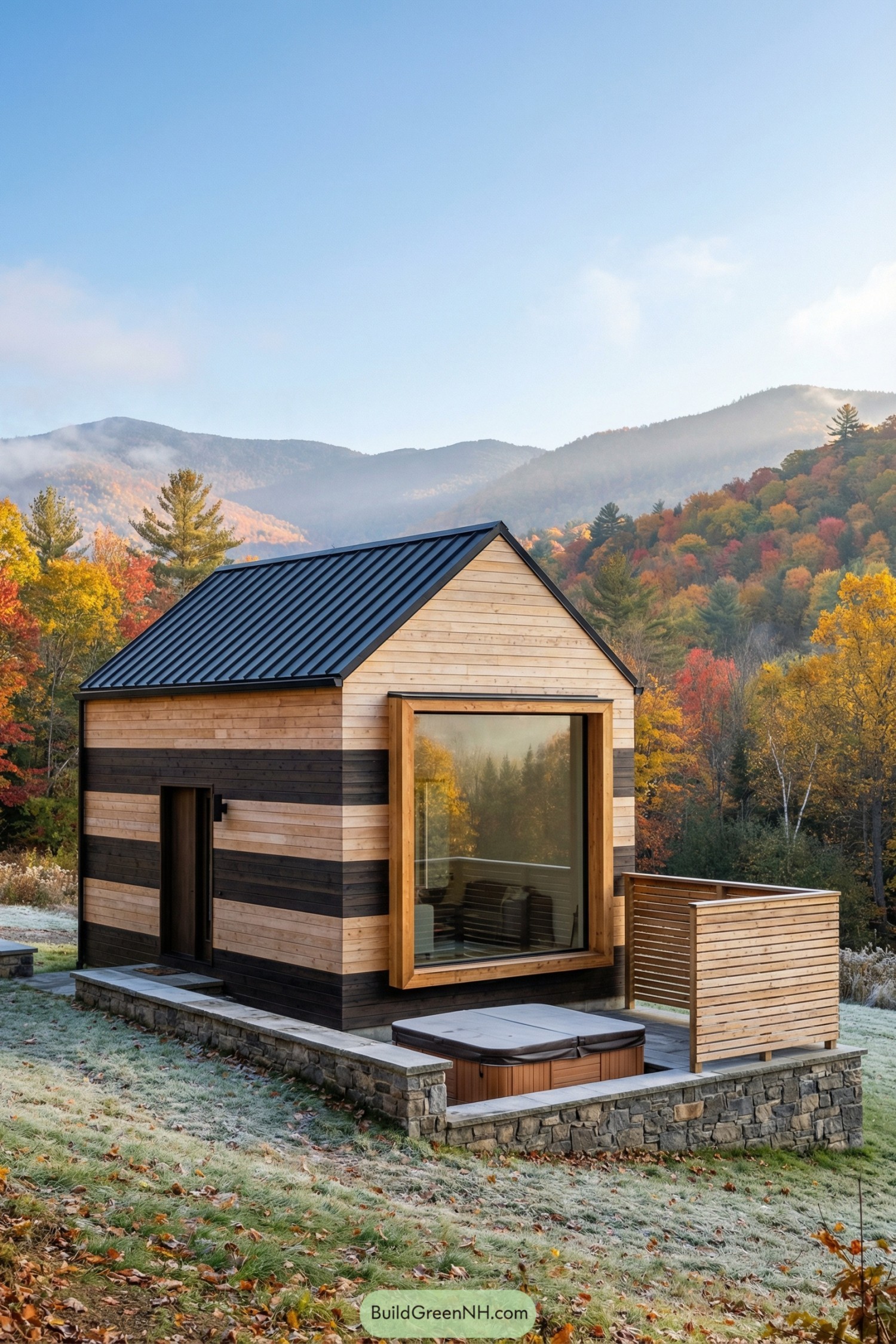 Compact timber cabin with large front glass wall set on a stone terrace in a colorful mountain landscape