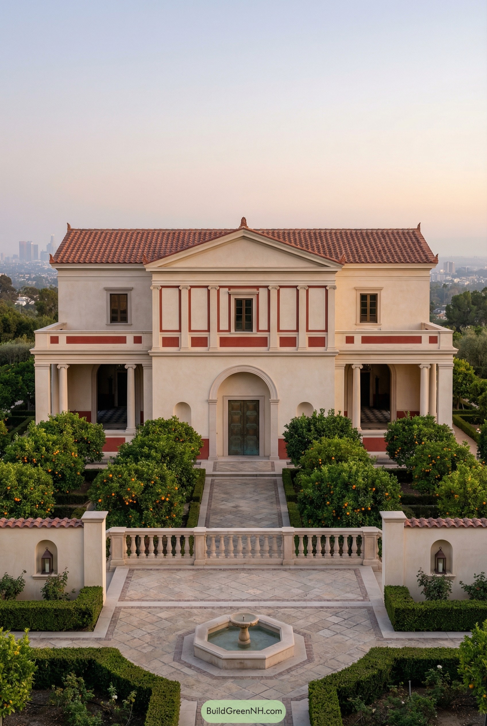Elegant Roman style villa with red tiled roof, columned façade, and formal garden courtyard with central fountain