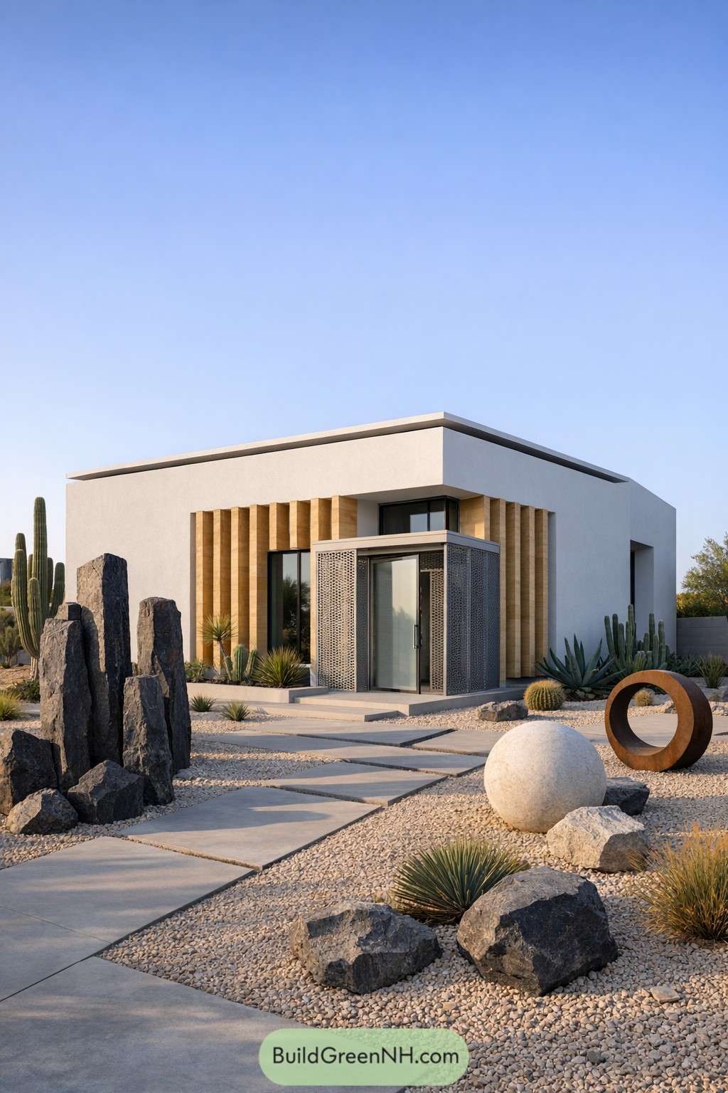 Modern single story desert house with sculptural stone and metal landscaping