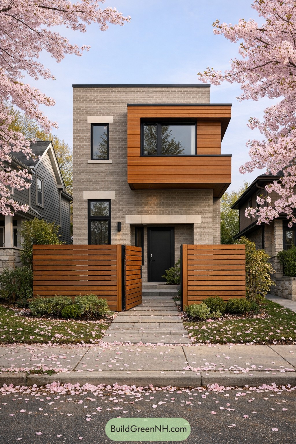 Modern narrow lot house with projecting wood-clad upper level, brick façade, and matching horizontal wood privacy fences framed by blooming cherry trees