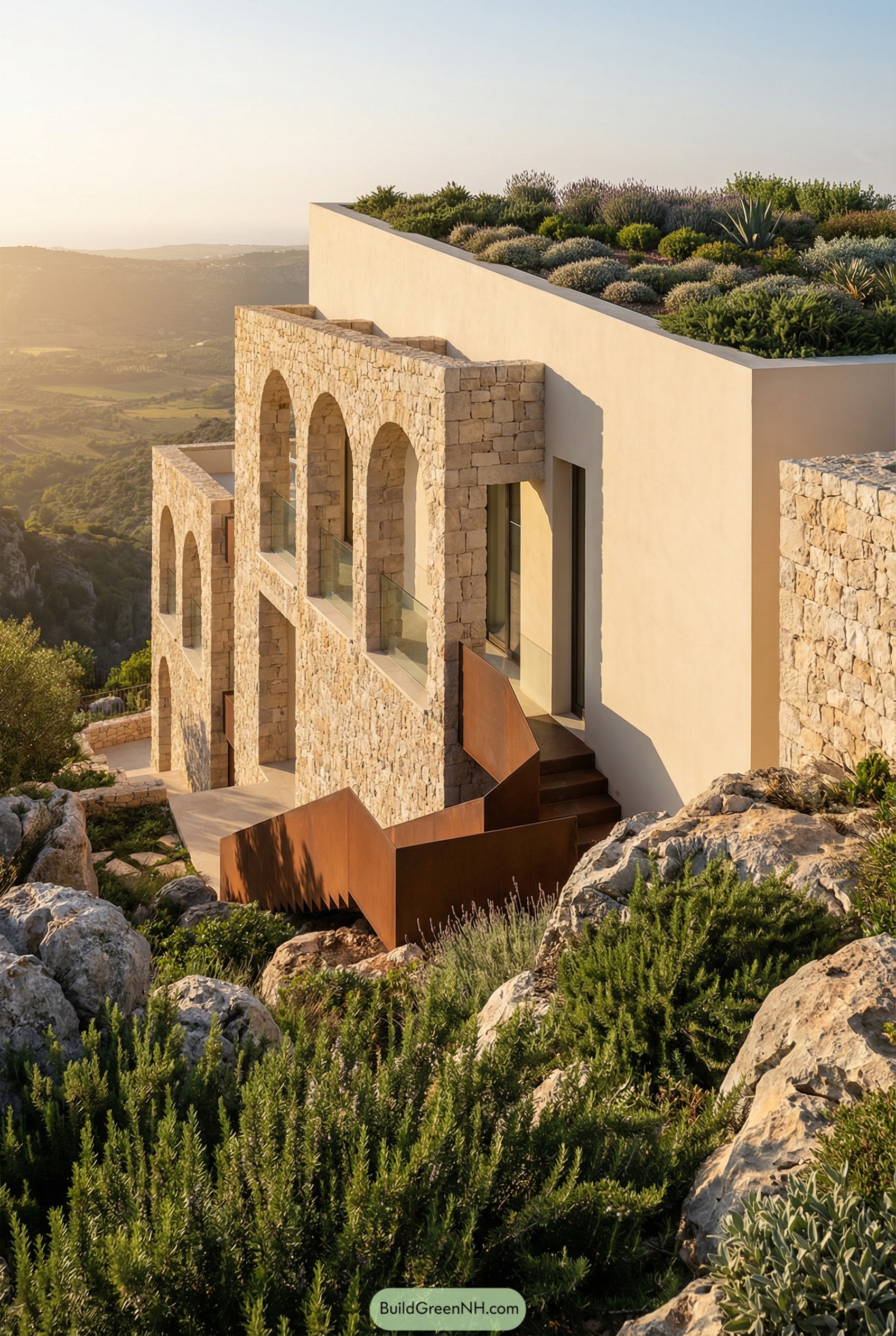 Modern stone villa on rocky hillside with arched facades and lush green roof