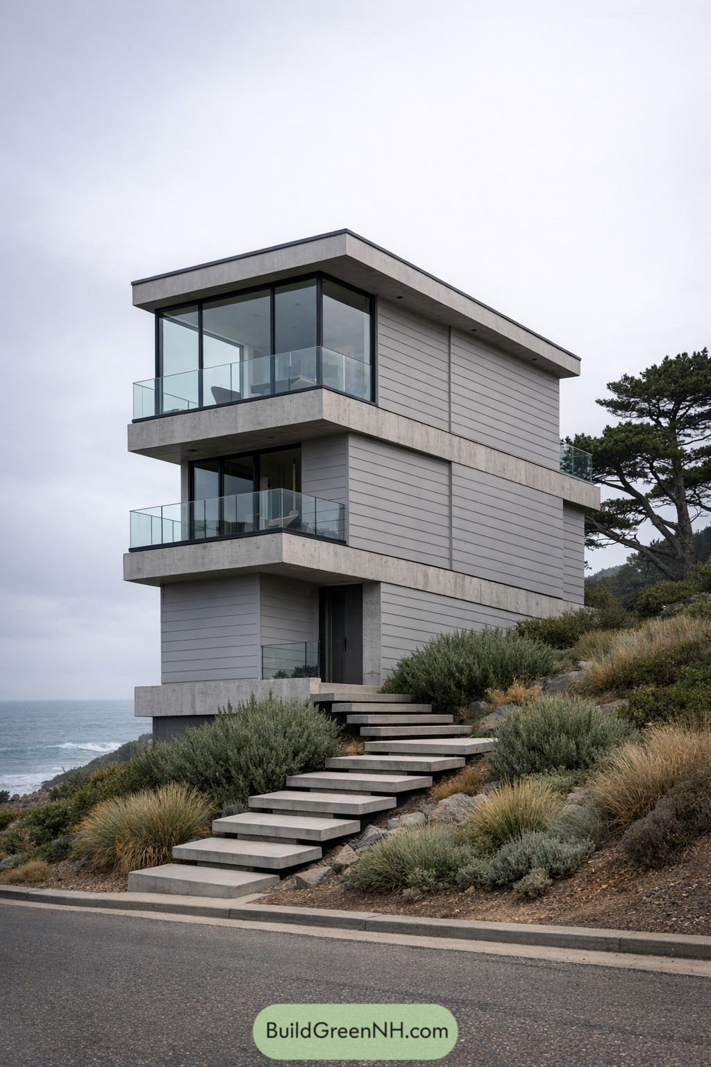 Three story narrow modern house with glass balconies overlooking the ocean