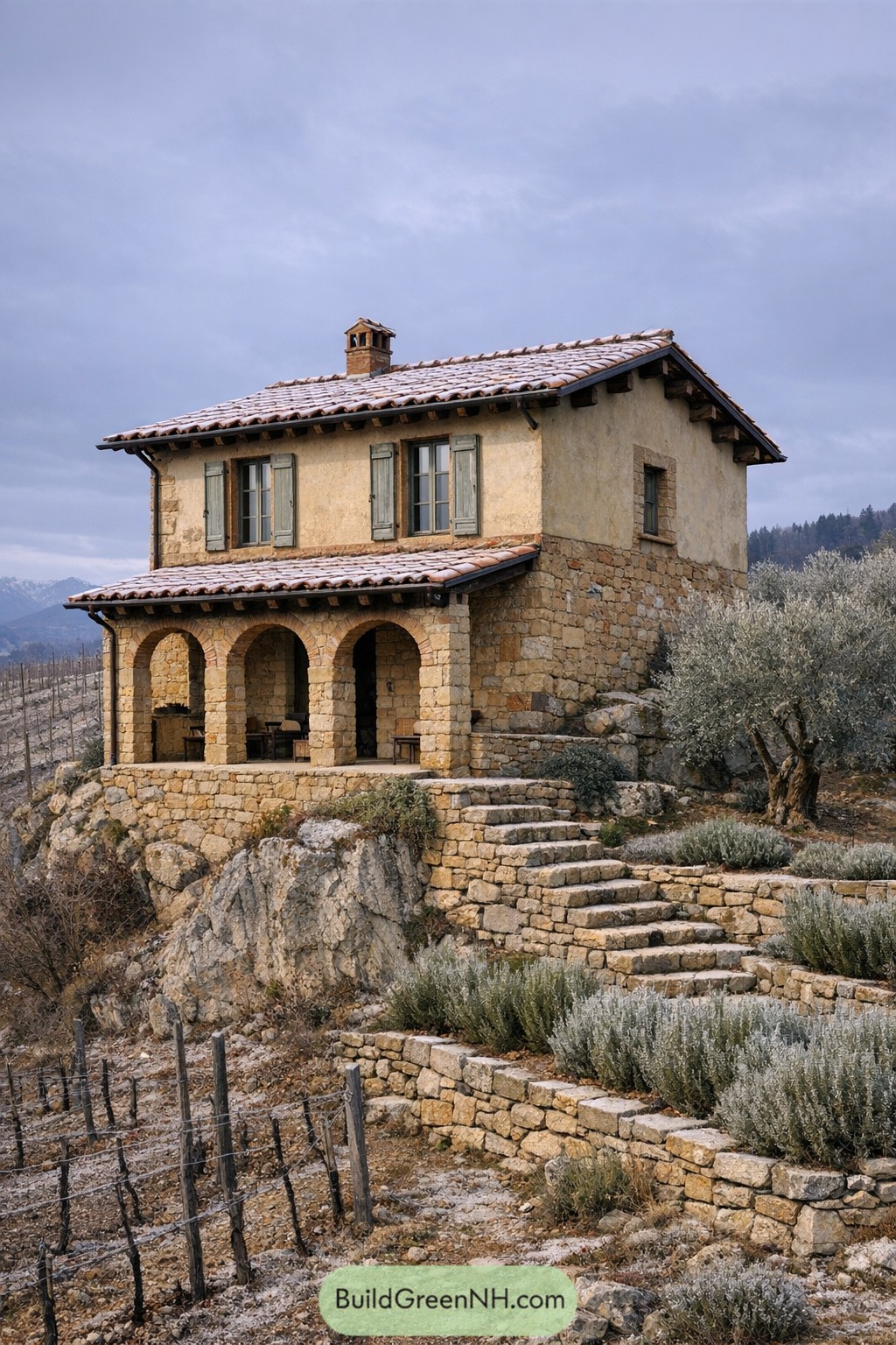 Stone farmhouse perched on a rocky hillside with arched porch and terraced steps