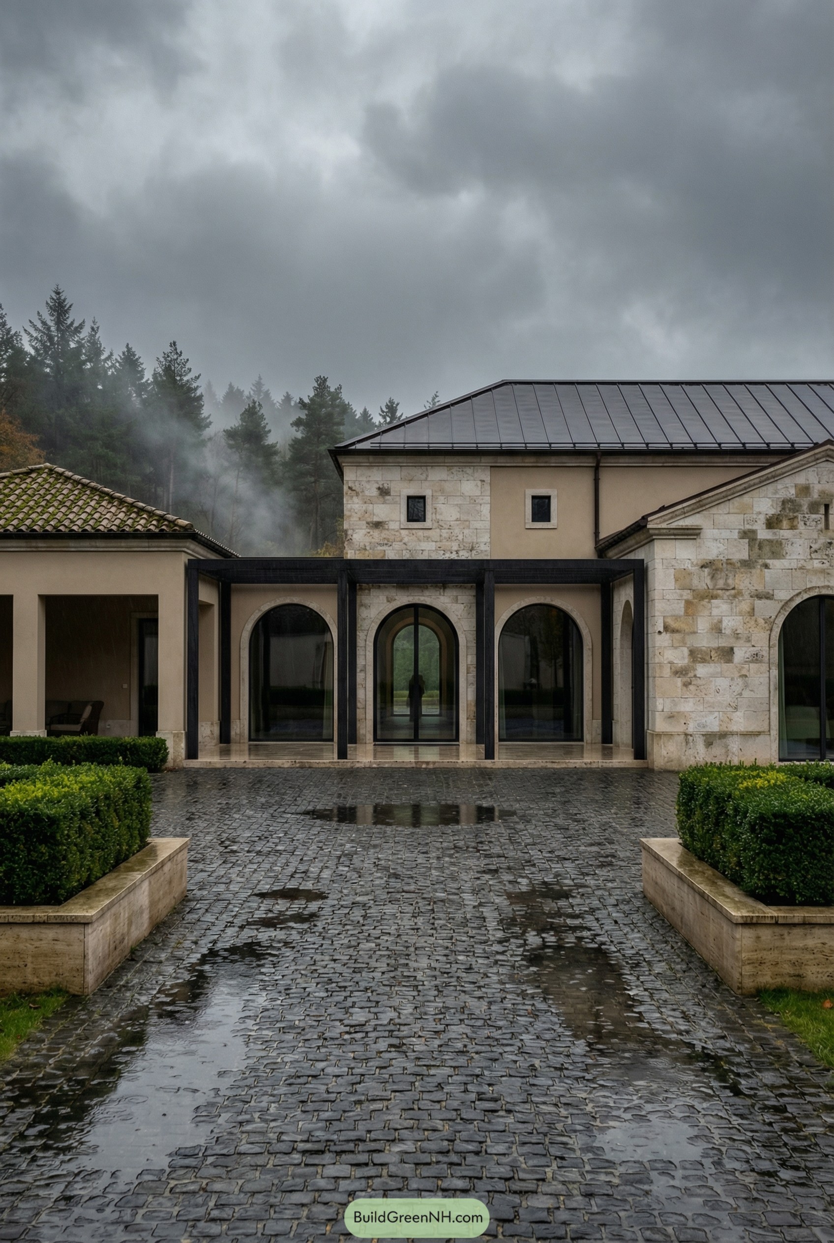Modern stone villa with arched glass entry and wet cobblestone courtyard on a misty day