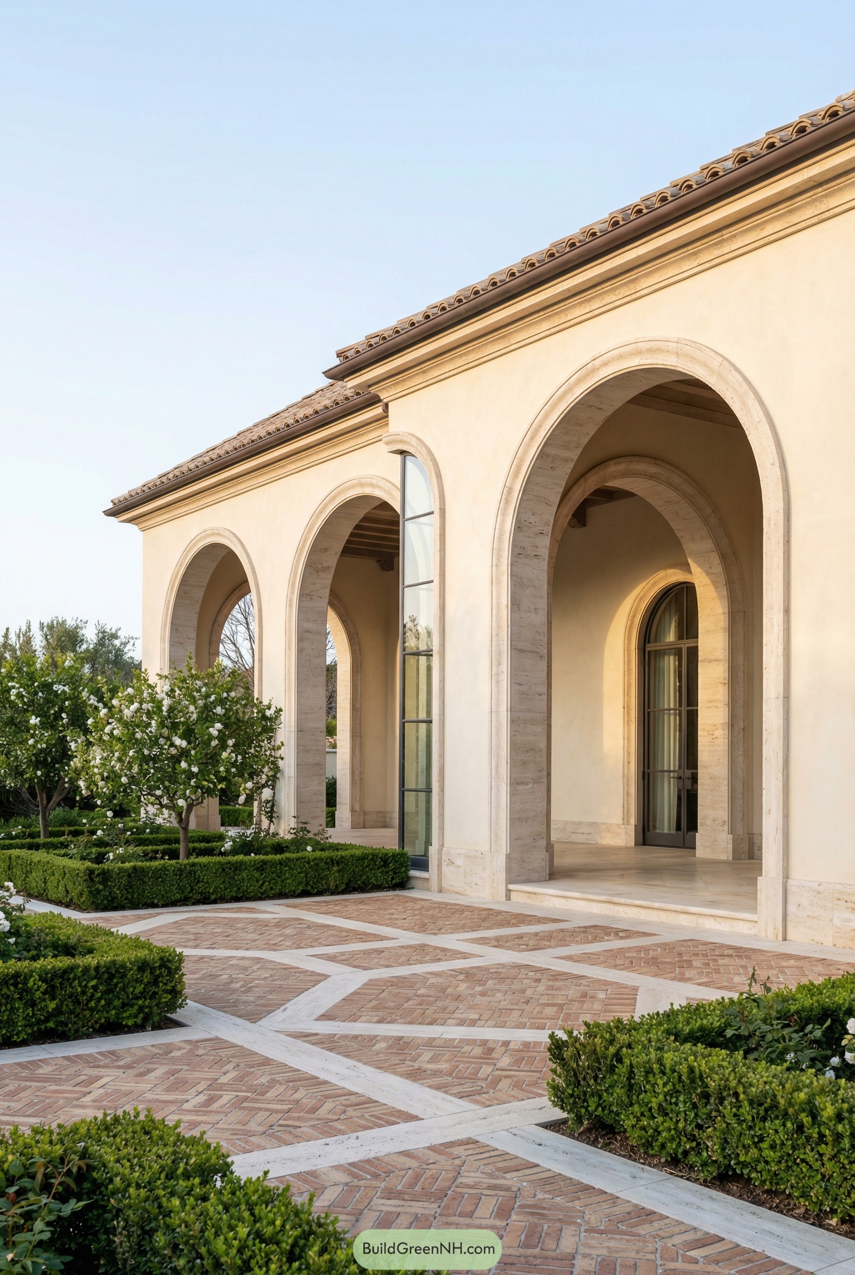 Stucco arcade villa with brick courtyard and manicured hedges