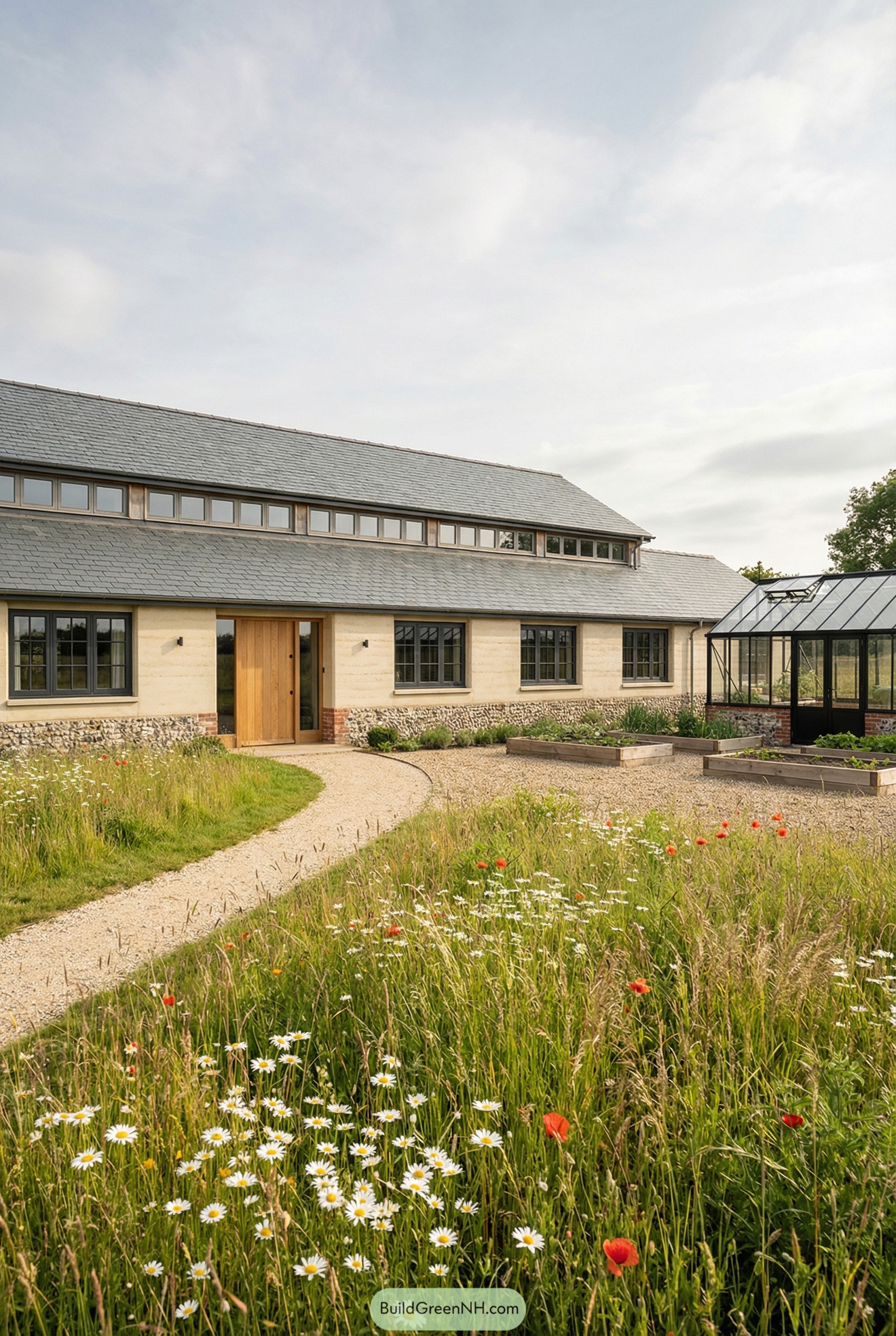 Contemporary barn style house with slate roof, wildflower meadow, and attached glass greenhouse