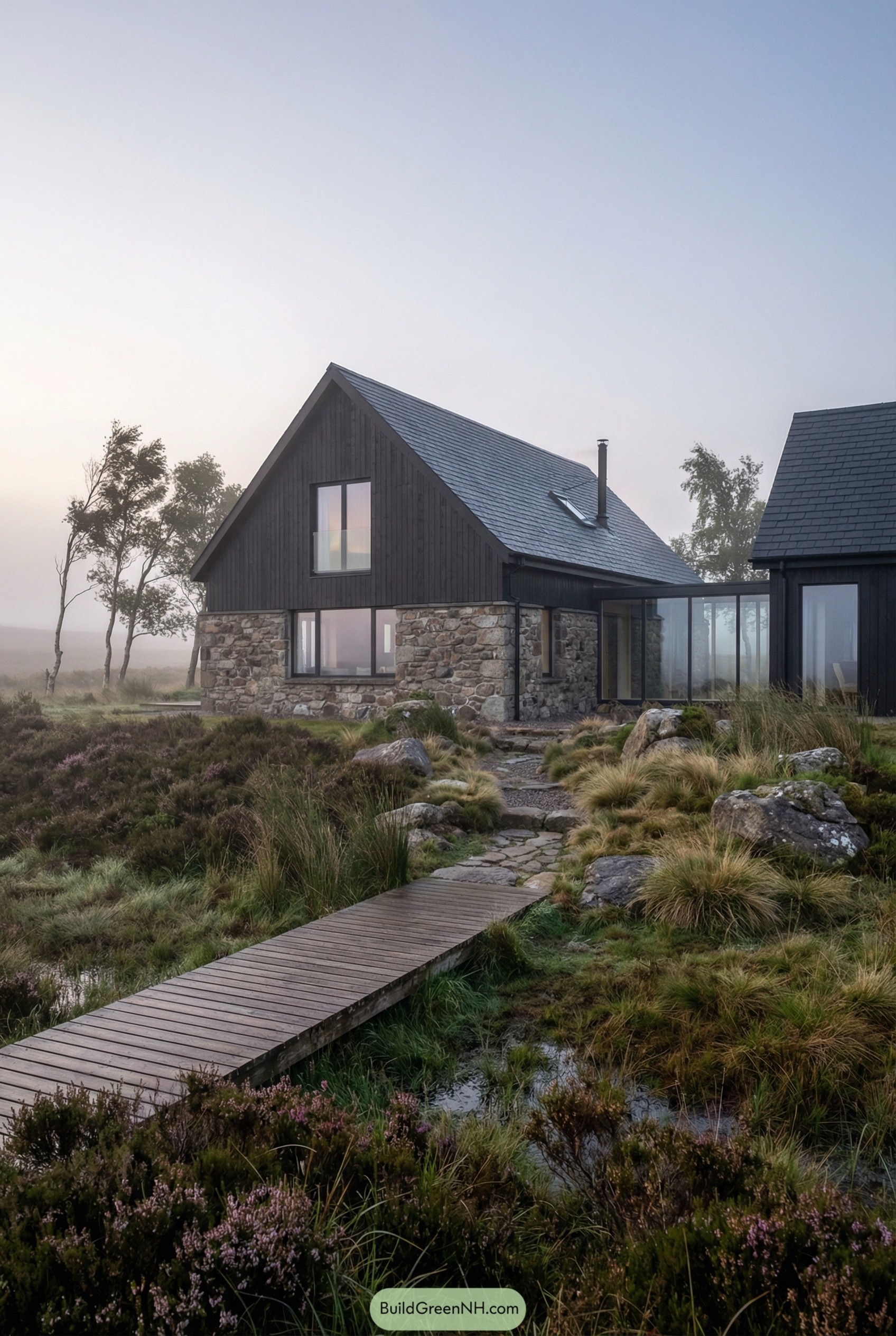 Dark timber and stone country house on misty moorland with a narrow boardwalk leading to the entrance