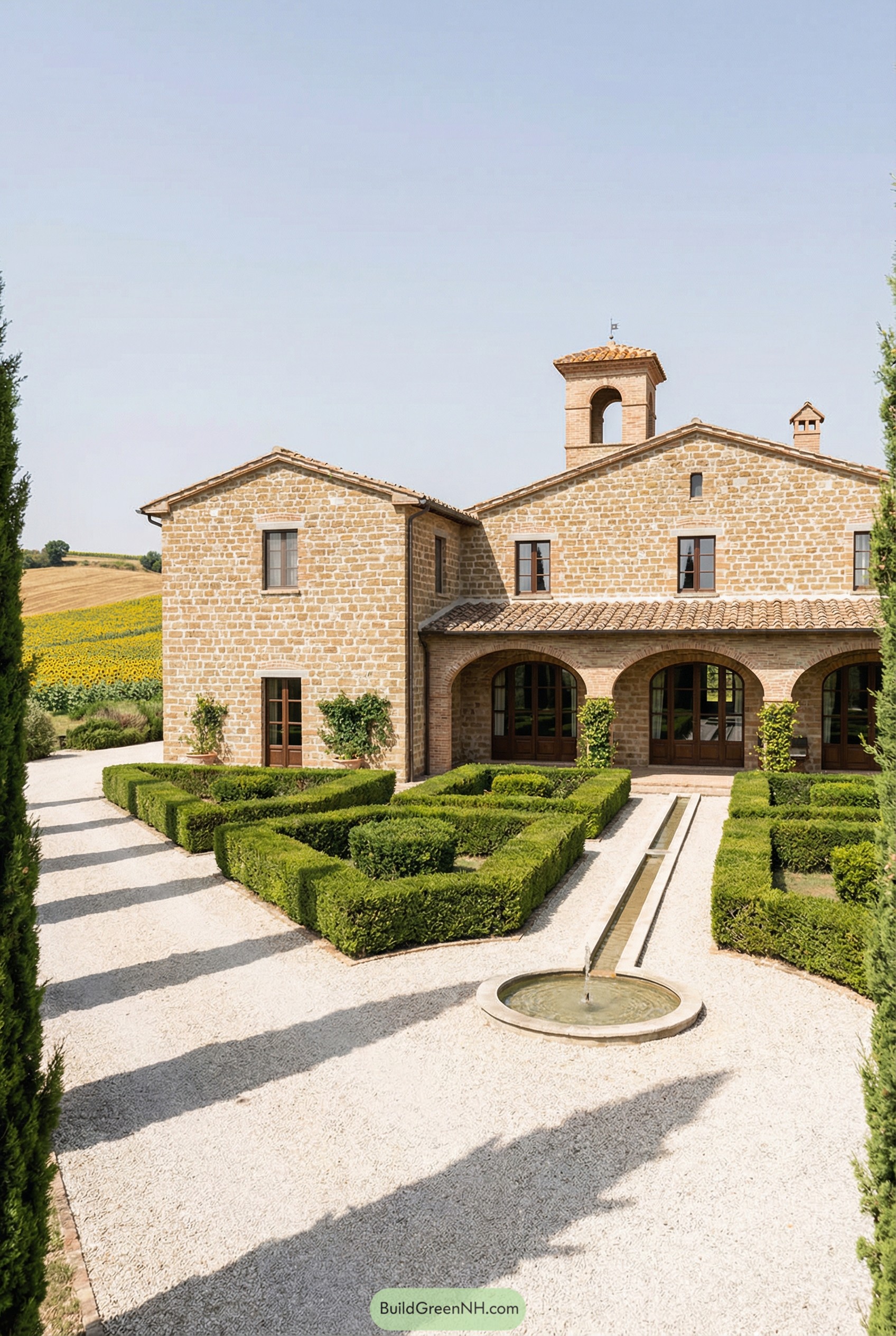 Full house visible: an Umbrian summer house in high summer midday, compact L-shaped plan around a sunken courtyard garden, facade in warm tufa stone blocks with crisp white mortar, asymmetrical gables and a terracotta roof punctuated by a small belvedere tower, tall timber-framed French windows opening to a shaded portico with brick arches, a long rill of water leading from a small fountain toward the camera, clipped box hedges forming geometric parterres, cypress shadows cutting sharp lines across pale gravel, distant sunflower fields shimmering in heat; single real-life photo, high-resolution, full-frame, 28mm, f/8, ISO 100, ultra high detail, editorial architecture photography, cinematic composition, no people, no animals, no text, soft lighting, strictly no collages.