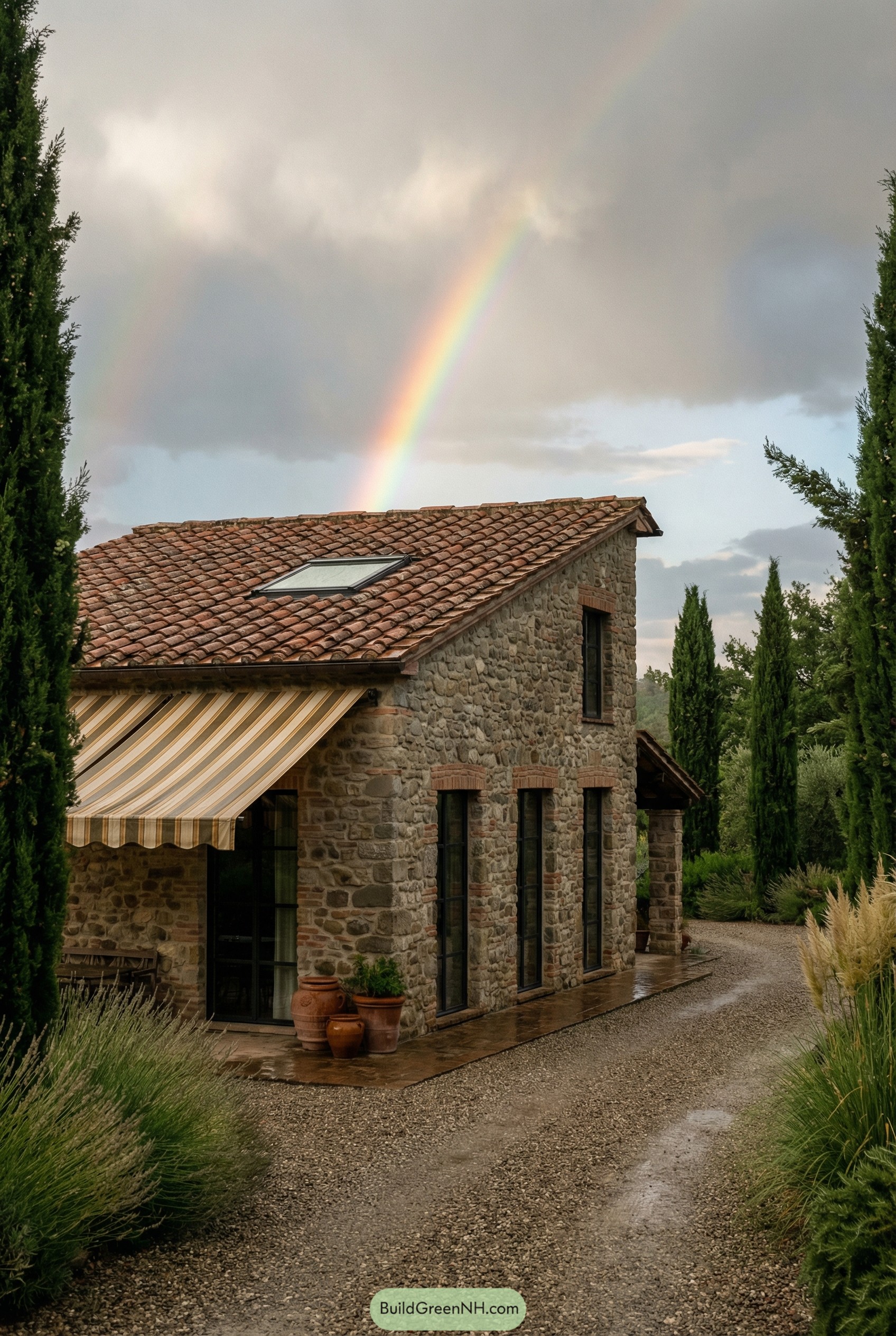 Stone country house with striped awning and rainbow overhead