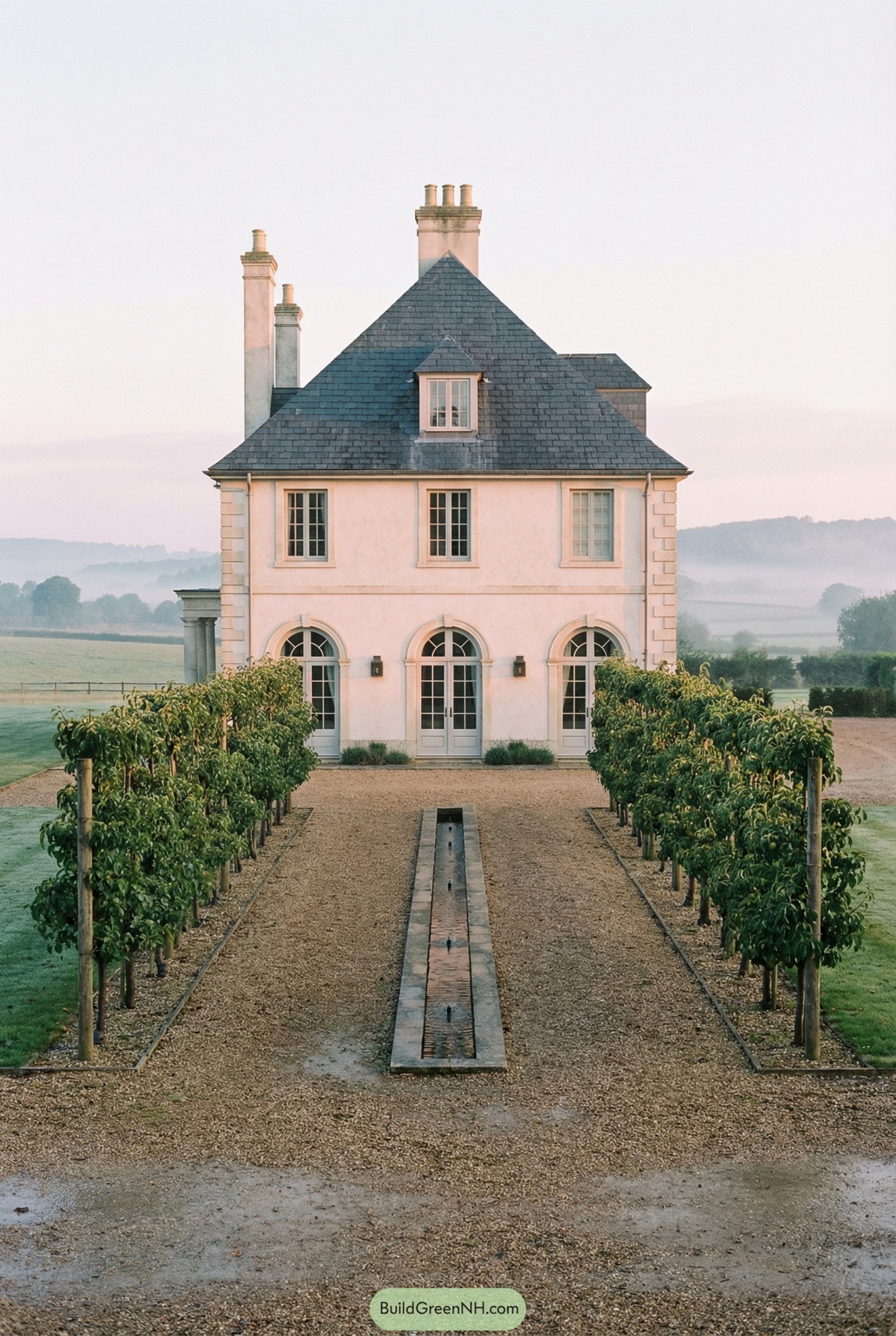 Elegant country house with central gravel drive, narrow water rill, and aligned orchard trees leading to tall arched doors