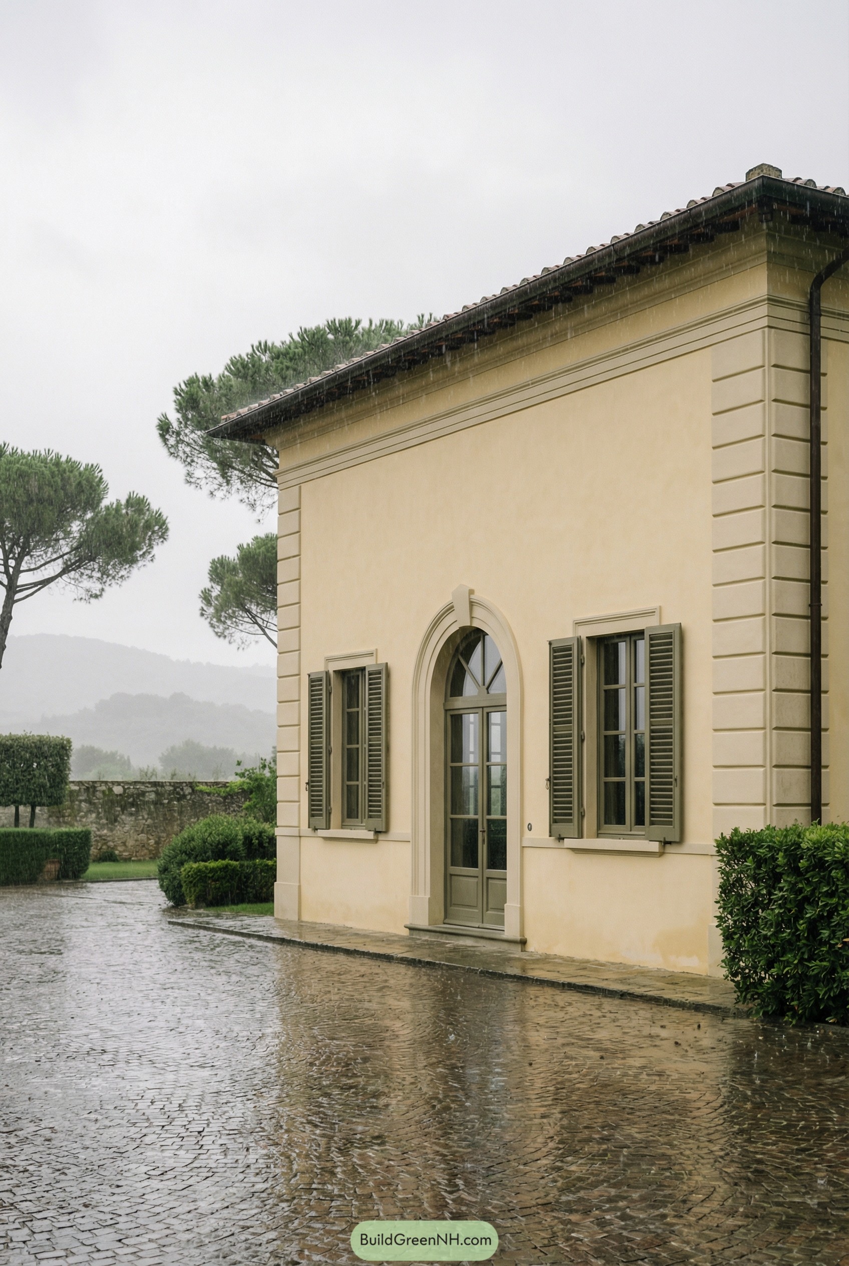 Cream stucco Italian house with arched doorway, green shutters and wet cobblestone courtyard on a misty day