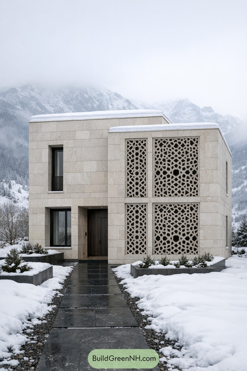 Modern stone house with Arabic lattice screens in snowy mountains