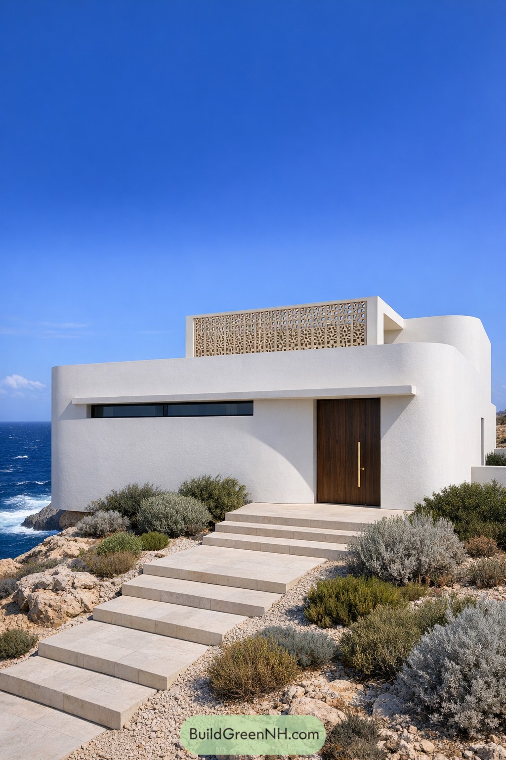 White stucco modern house on rocky seashore with patterned rooftop screen and stepped stone path