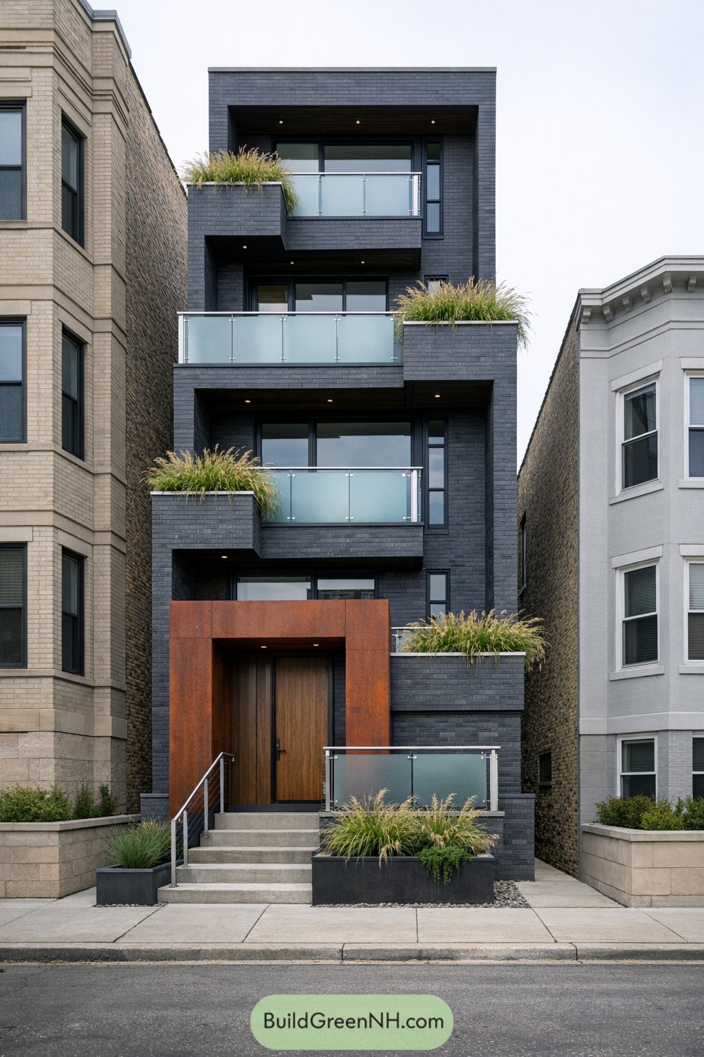 Modern narrow townhouse with dark brick, rusted steel entry frame, frosted glass balconies, and planted terraces