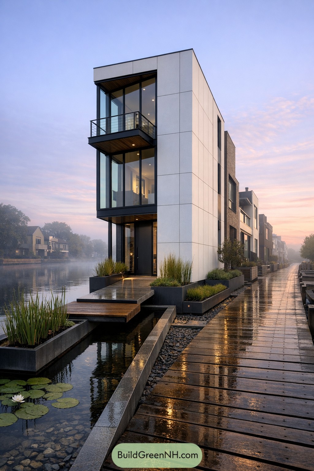 Modern narrow waterfront house with tall glass facade and stepped wood-and-stone walkway over reflecting pools
