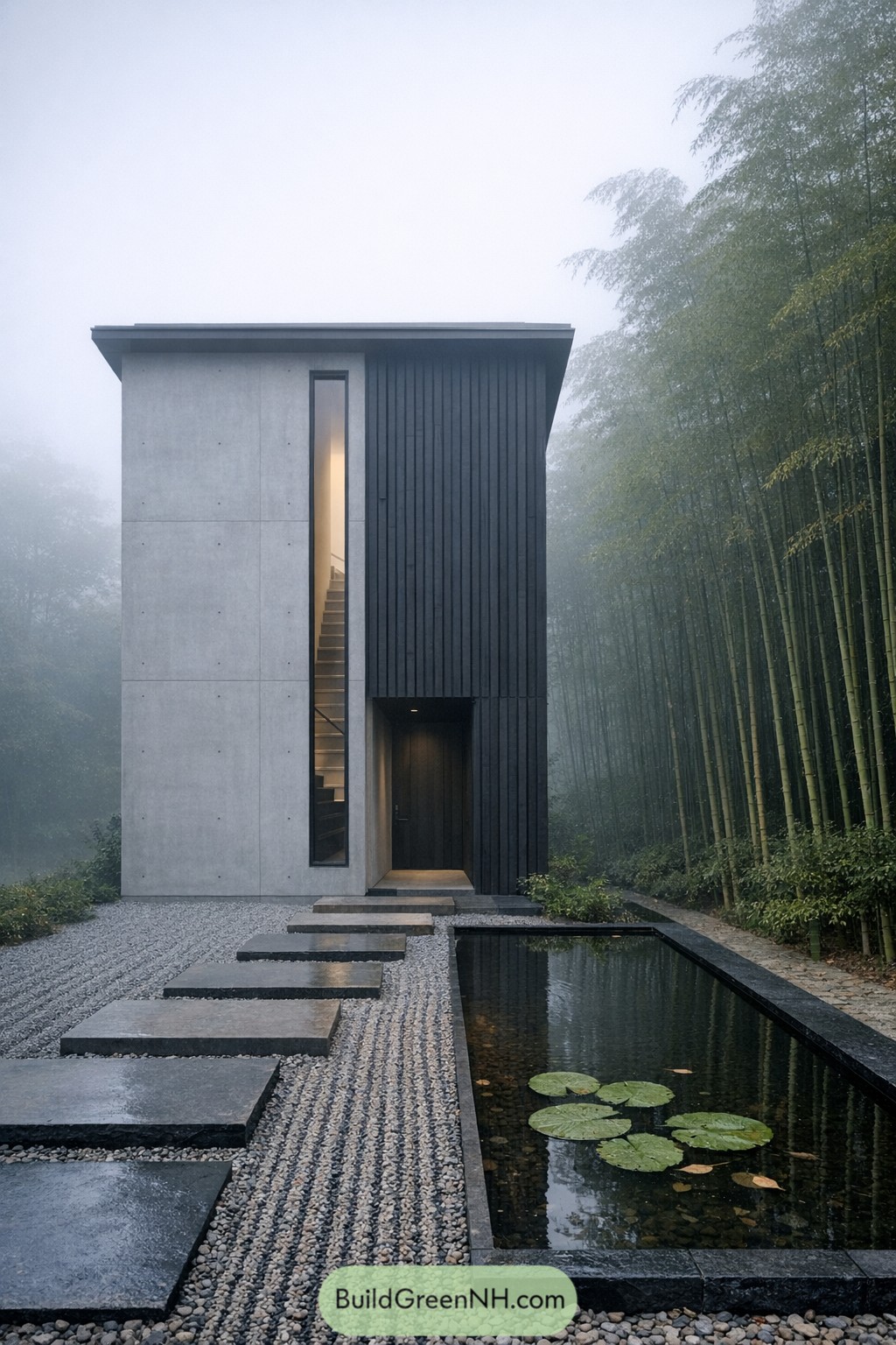 Tall narrow house of concrete and dark timber beside a reflecting pond and bamboo grove on a misty site
