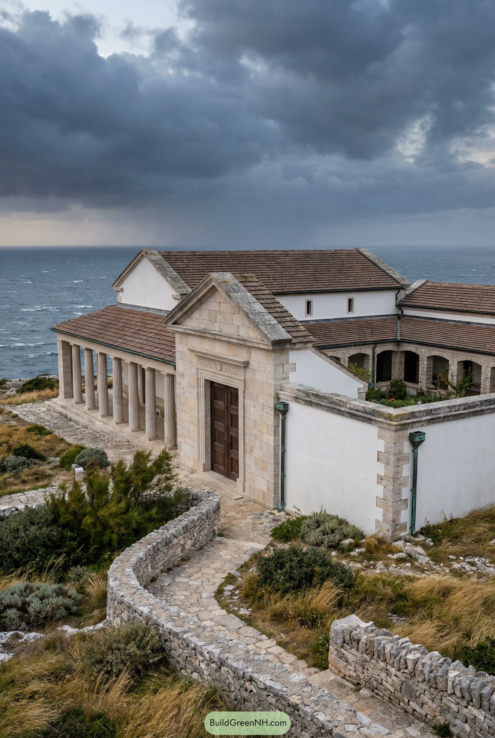 Stone villa with colonnade courtyard on a rugged sea cliff